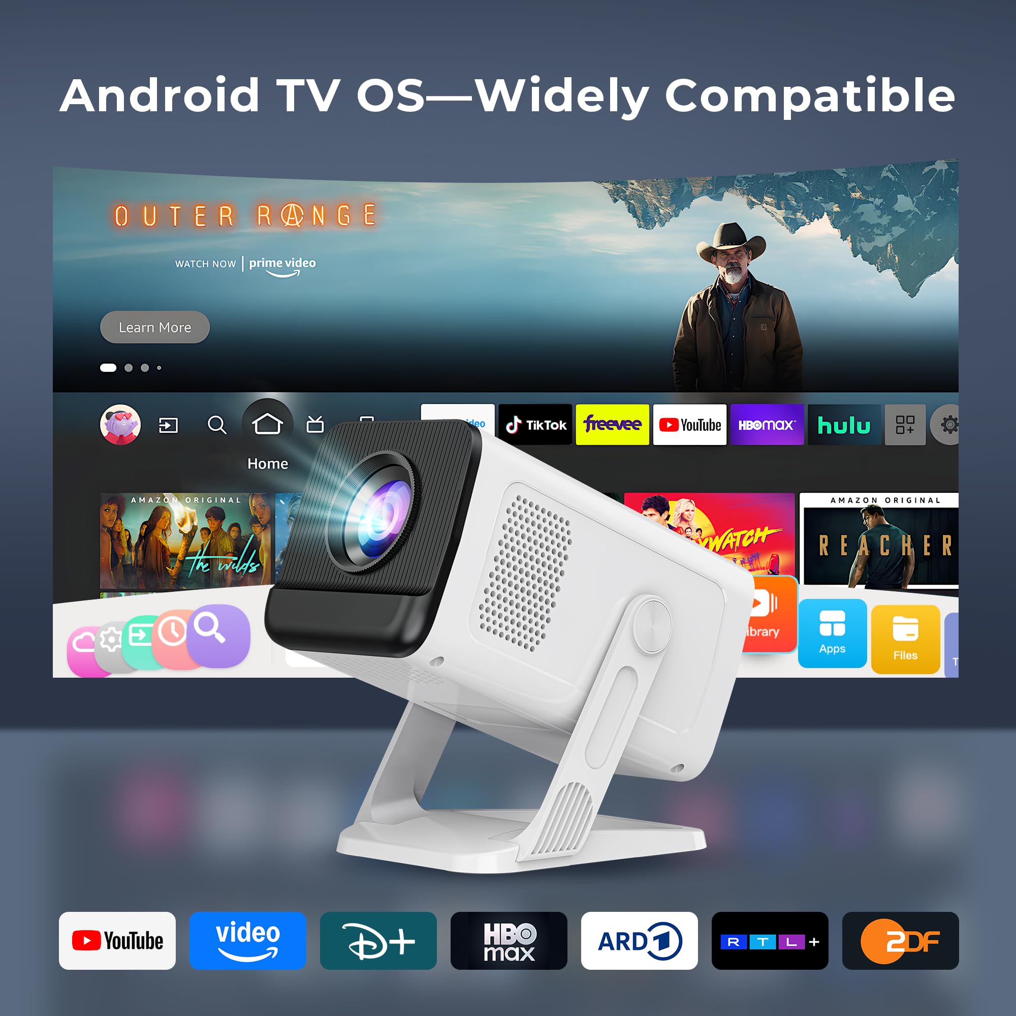 Mini Beamer 4K-Dekodierung, Android 14 & App per Fernbedienung, 720p nativ | Mobiler Klein Beamer mit Wi-Fi 6&Bluetooth 5.4, Auto-Trapezkorrektur, HDMI/USB-Kompatibilität, Smart Handy Projektor Weiß