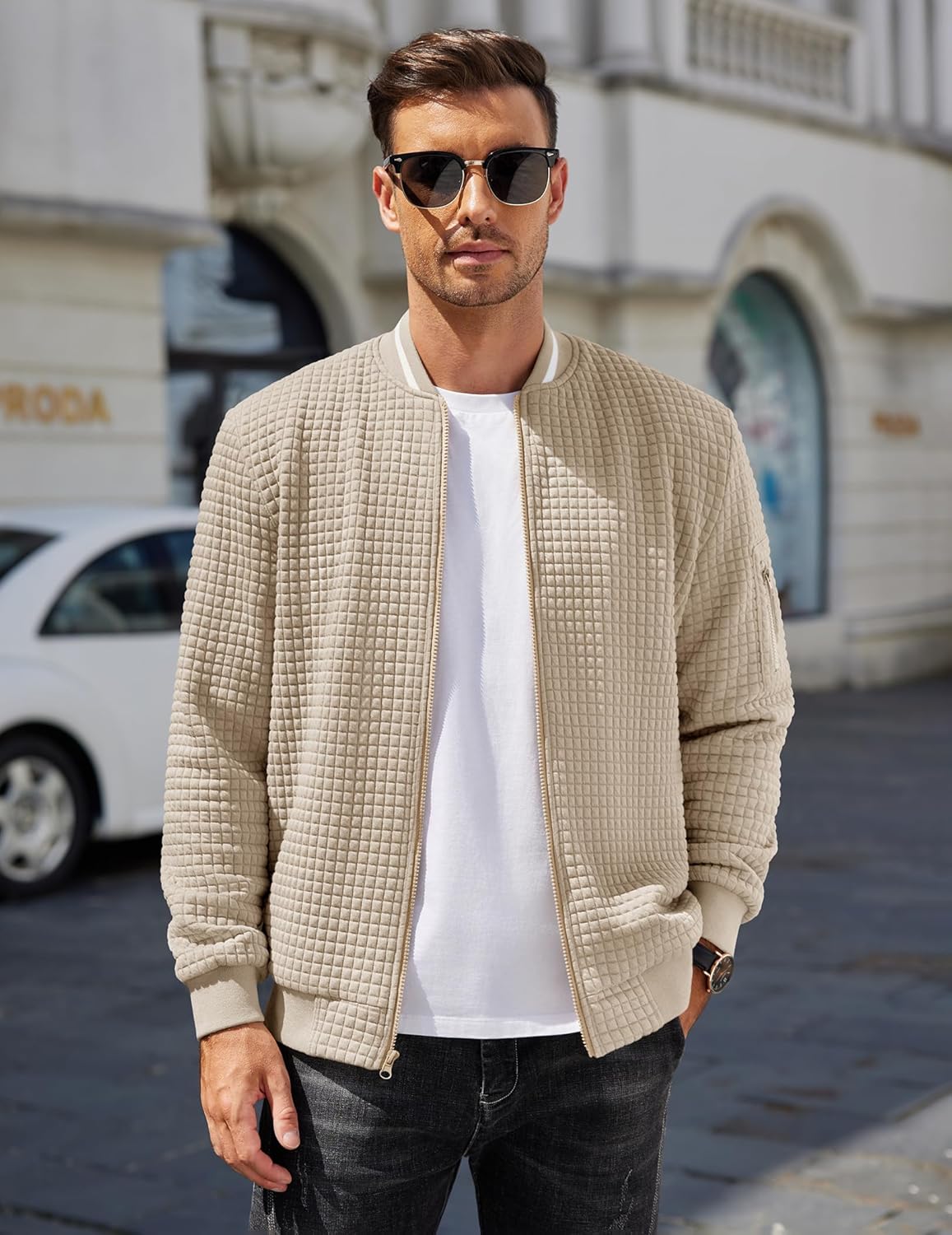 COOFANDY Mens Zip Up Sweater Jacket Waffle Sweatshirt Knit Bomber Lightweight Casual Jackets - Image 3