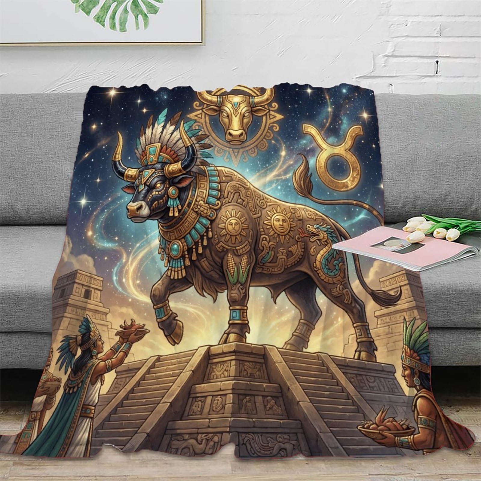 W7C8U2X3 Taurus Zodiac Aztec Art for for Warm Throw Blanket, Office Nap Use