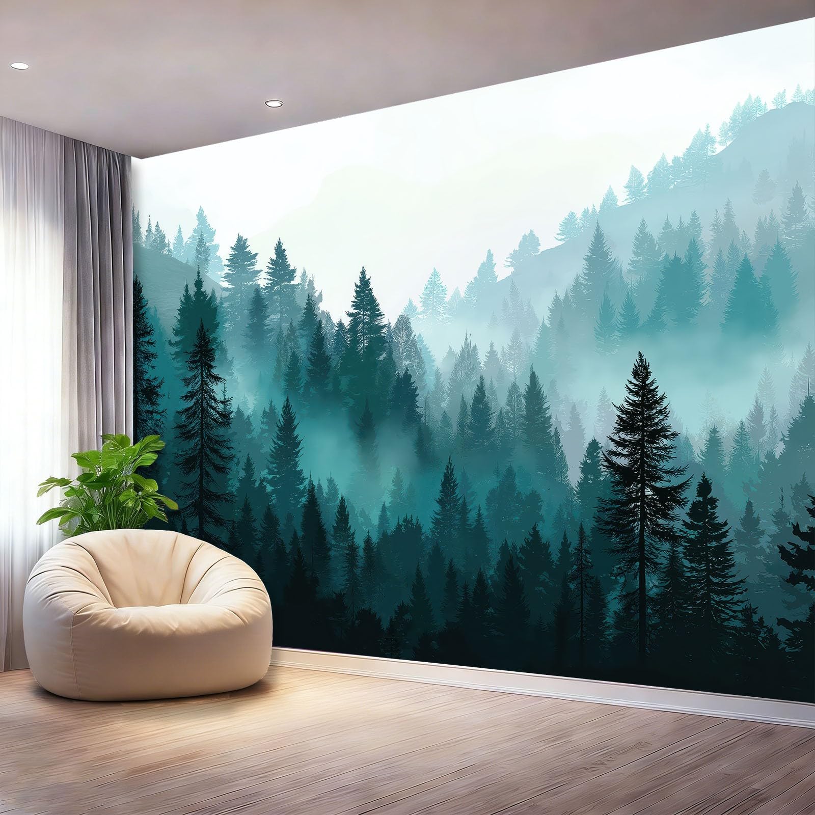 Fototapeta 300 x 210 cm ściany dekoracja salonu design naturalny krajobraz mgła las sosnowy do sypialni salonu tapeta z włókniny, niebieski