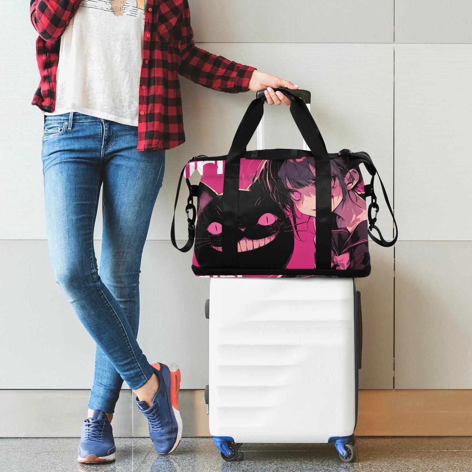 Peach Black Psycho Girl Bolsa de viaje con bolsillo húmedo, correa ajustable, bolsa de viaje para gimnasio, gran capacidad para hombres y mujeres