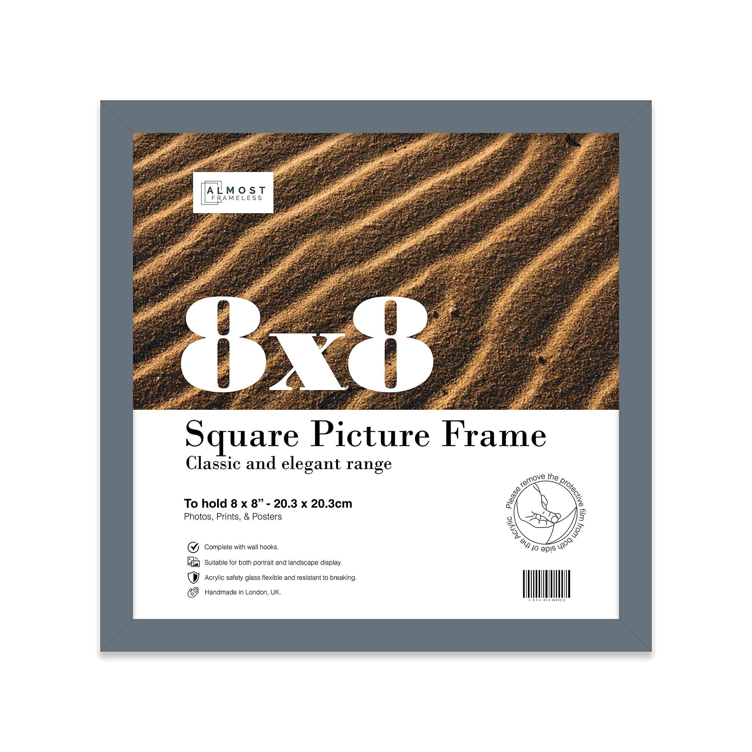 8x8 Inch Grey Square Thin Photo Frame Wall Mountable and Freestanding Thin Picture Frame Standard Square Photograph Size, 8" X 8"(20.3 X 20.3cm)