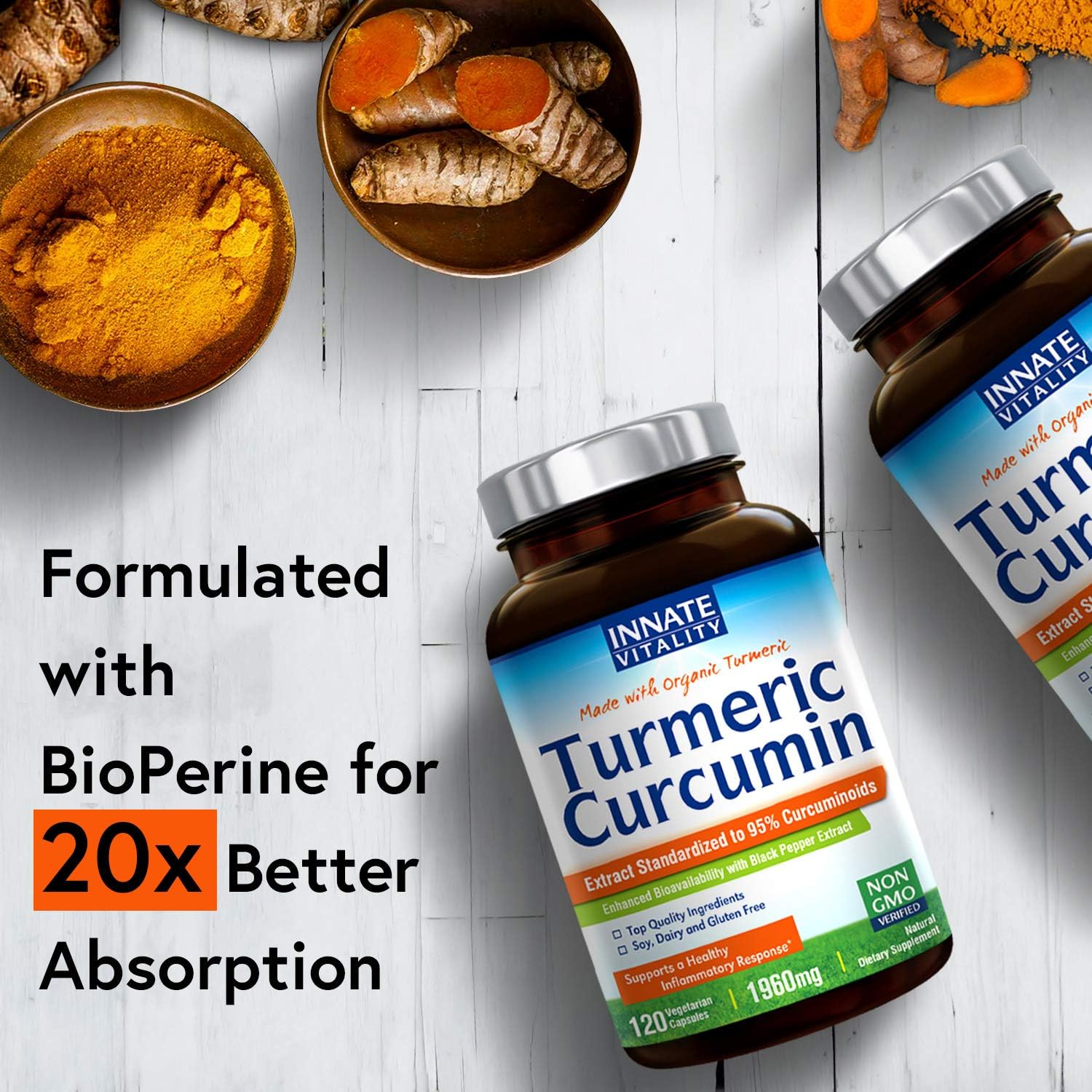 Organic Turmeric Curcumin with BioPerine, 95% Standardized Curcuminoids, 1960mg per Serving, 120 Veggie Caps, Non-GMO, NO Gluten NO Dairy NO Soy, Anti-Inflammatory, Pain Relief & Joint Support : Health & Household