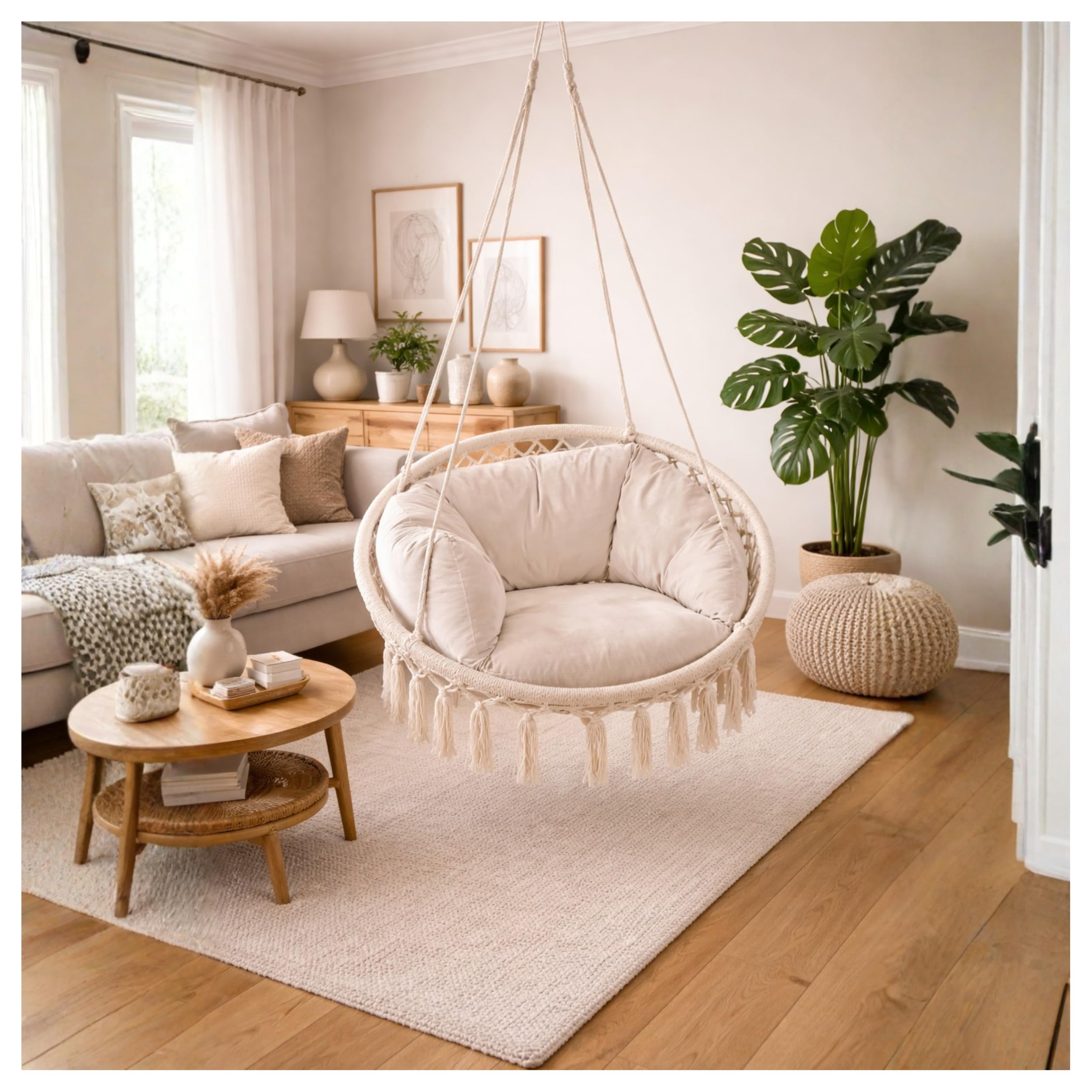 Deccart Makramee Hängesessel mit Kissen - Runder Hängestuhl aus Baumwolle - Boho Hängesitz Beige - stabile Metallringe, hängender Sessel für Wohnzimmer, Balkon, Garten, Kinderzimmer