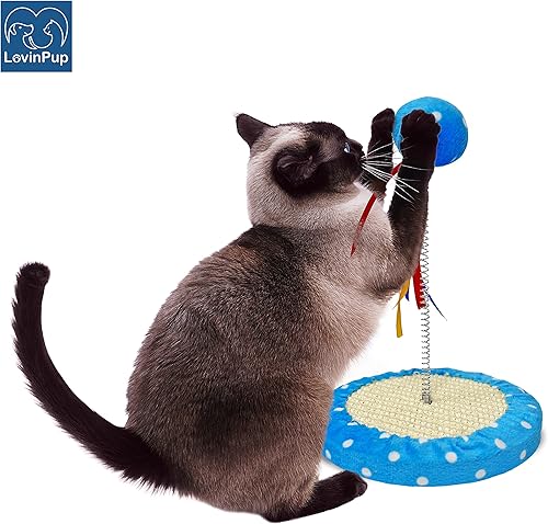 Miniatura 4 de Pequeño árbol de juguete rascador para gatos con pelota  Juguetes para gatos rascadores de interior con cintas coloridas + base duradera  Juguetes