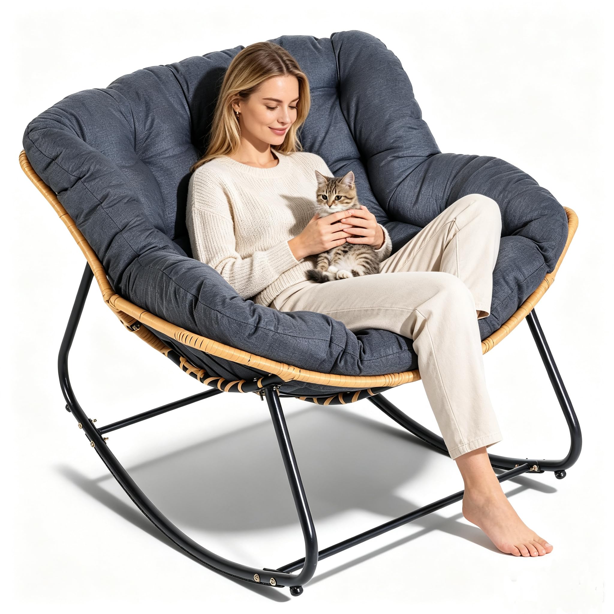 Klesmiun Oversized Wicker Egg Rocking Chair, 85x115cm with 5.9 in Detachable Plush Cushion, Steel Frame Supports 330 LBS, Anti-Tip All Weather Rattan Rocker for Patio Balcony Bedroom Living Room