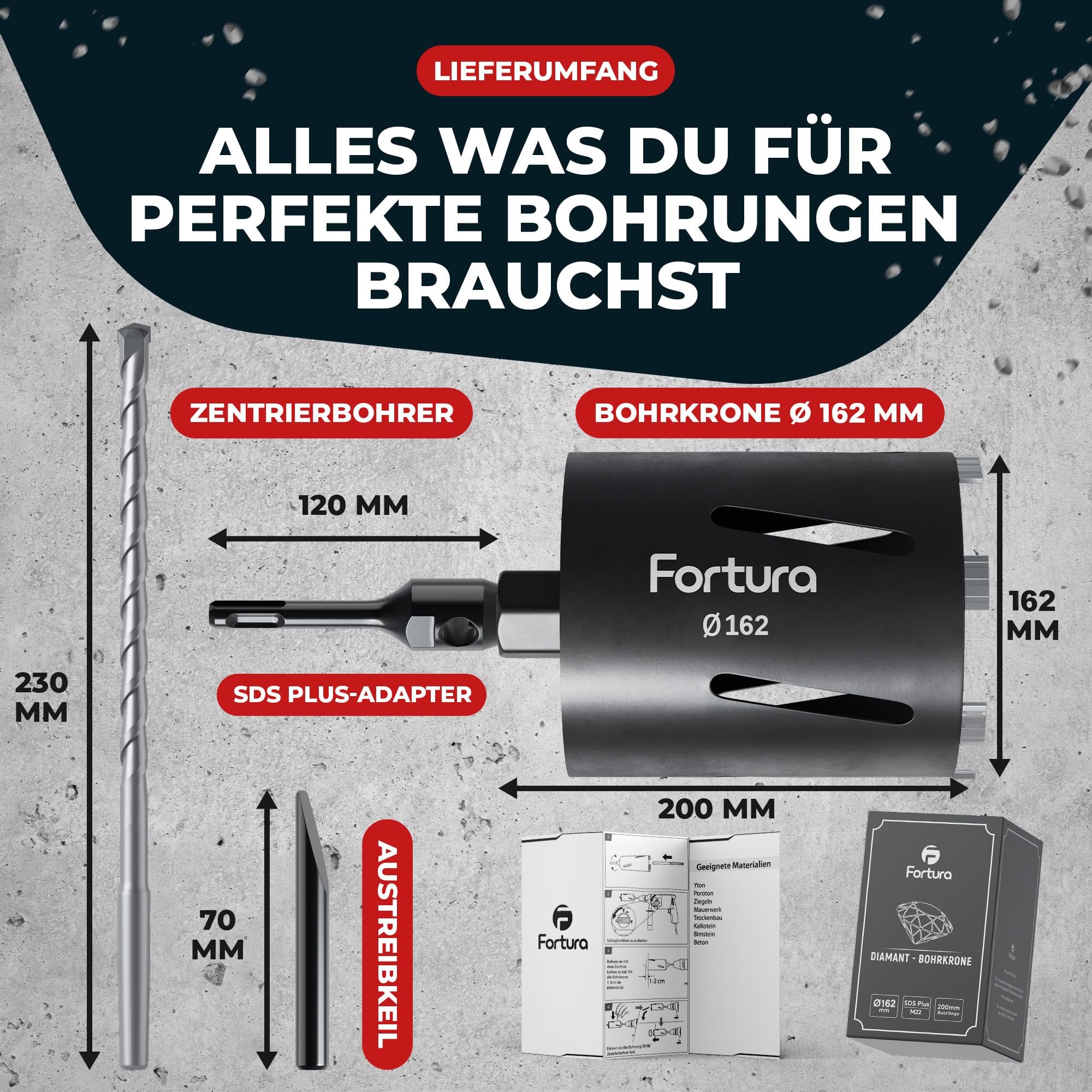 Fortura Punta a corona Ø 32 - 162 mm di lunghezza/SDS Plus/trapano a lattina/diamantata/trapano a corona/diamante (diametro 162 x 200 mm)