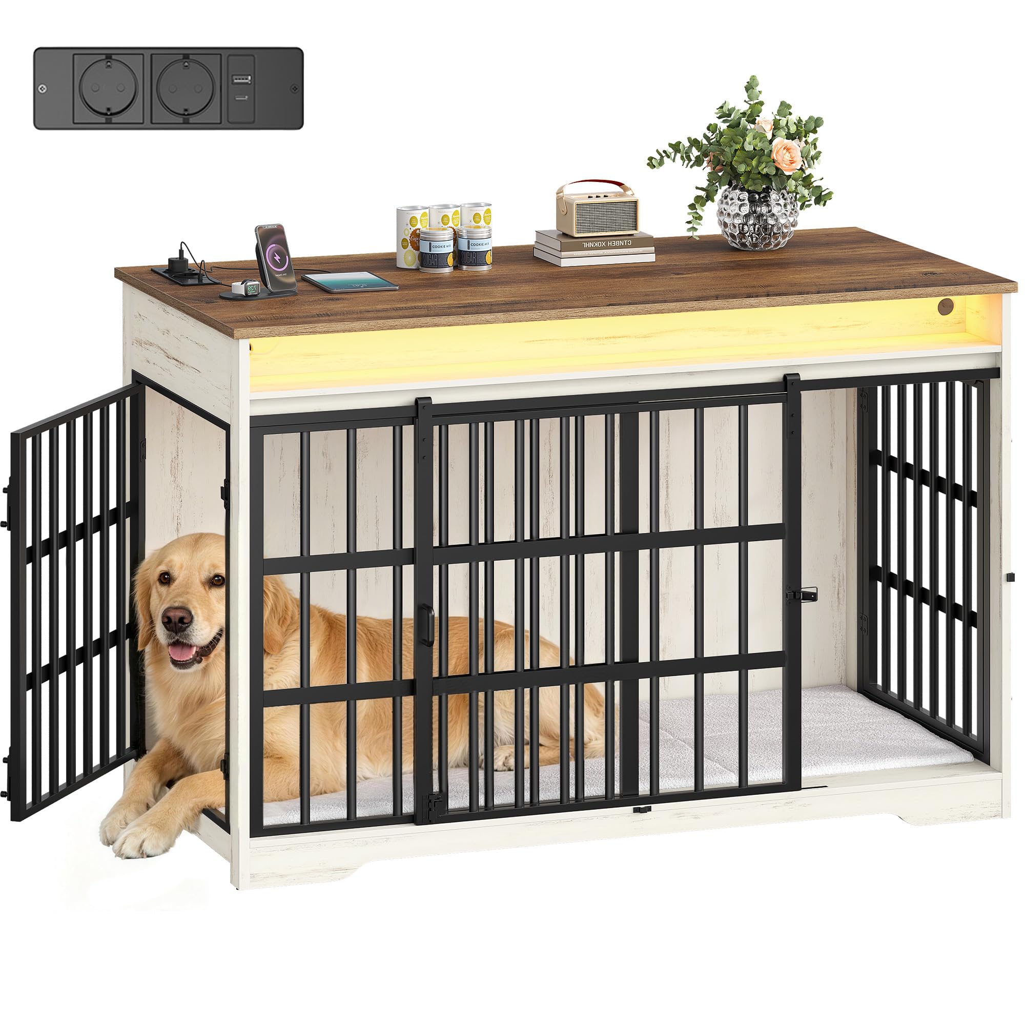Hzuaneri Jaula Mueble Perro con Luces RGB & Regleta, 119 cm Caseta Interior de Madera Puerta Corredera para Perros Medianos Grandes, Jaula para Perros XXL, 119 × 70 × 99 cm, Blanco Marrón DFC90914BEU