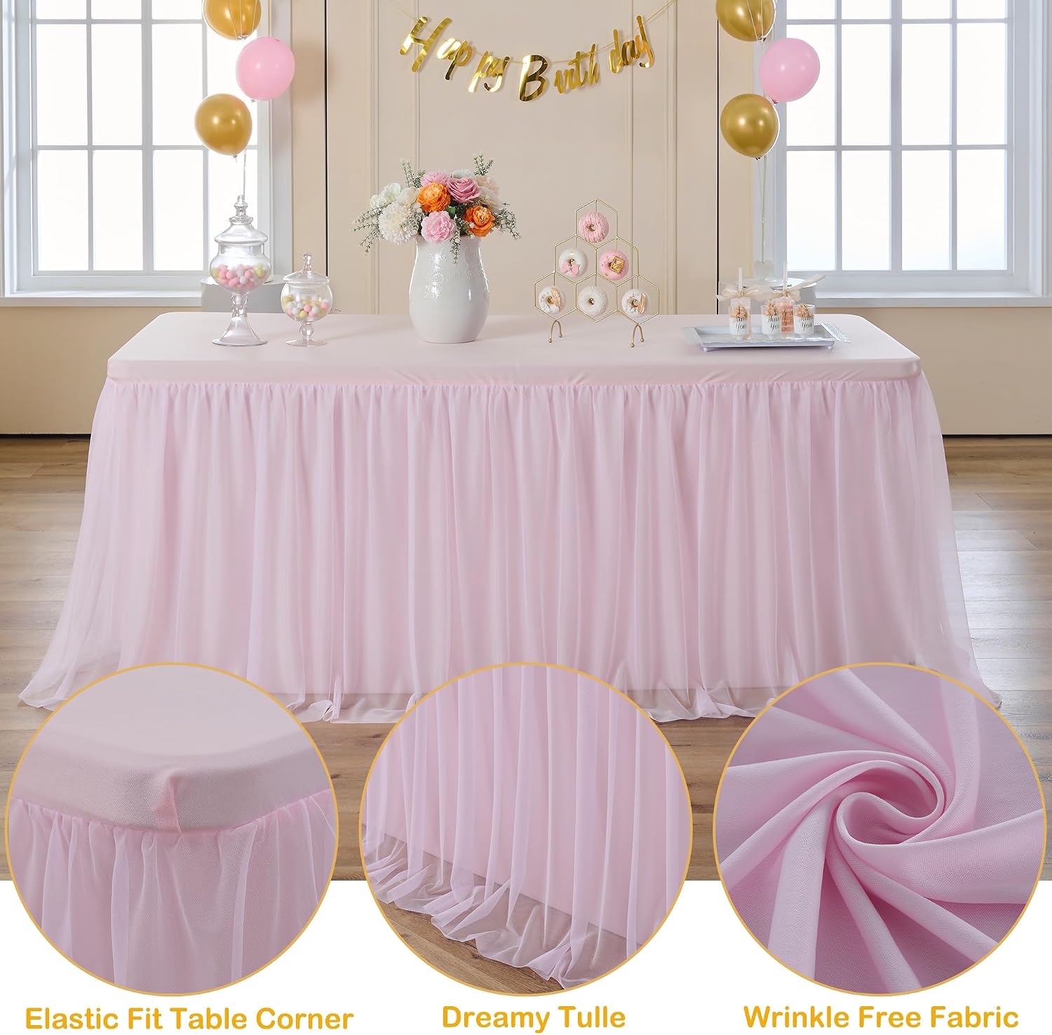 CO-AVE 2pack Pink Tulle Tablecloth for 6ft Rectangular Tables, 2-in-1 Elastic Stretch Spandex Cover with Tutu Ruffle Skirt, Wrinkle Free for Wedding, Birthday, Banquet, Buffet, Bridal Shower