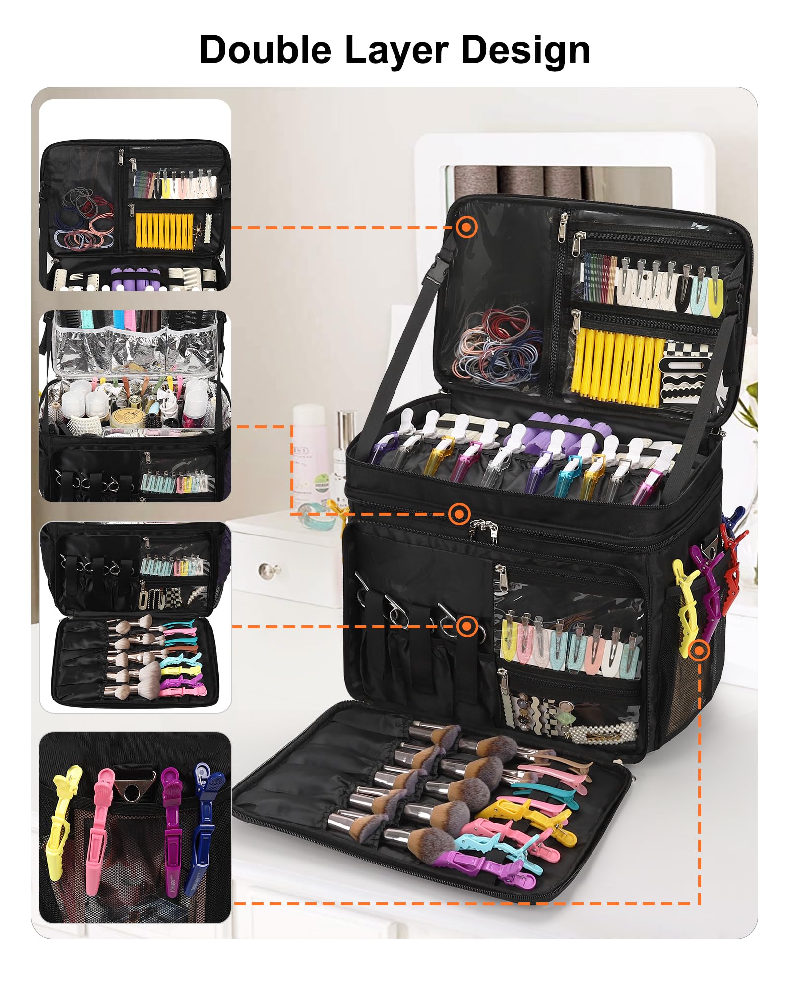 Twofold Hairstylist Traveling Bag, Heat Resistant Cosmetology Bag for Hairstylists, Dual-Layer Design with Detachable Dividers, Multi-Functional Hair Tools Organizer for Travel - Black