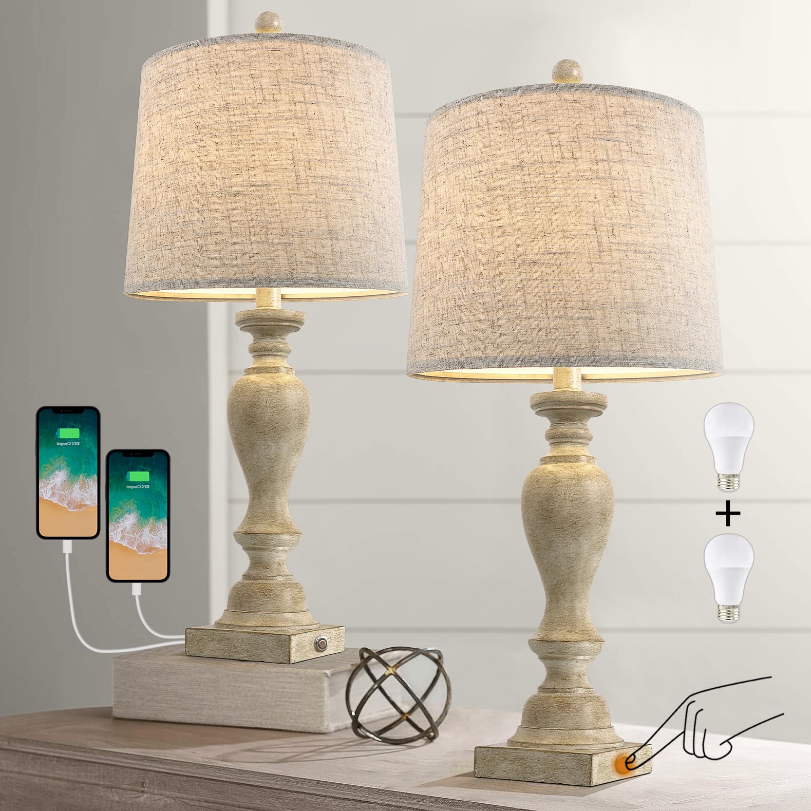 PORTRES 25.75" Farmhouse 3-Way Dimmable Table Lamp Set of 2 Touch Control Bedside Lamps Nightstand Lamps for Living Room Rustic Bedroom Lamps End Table Lamps with USB C+A (Retro Beige)