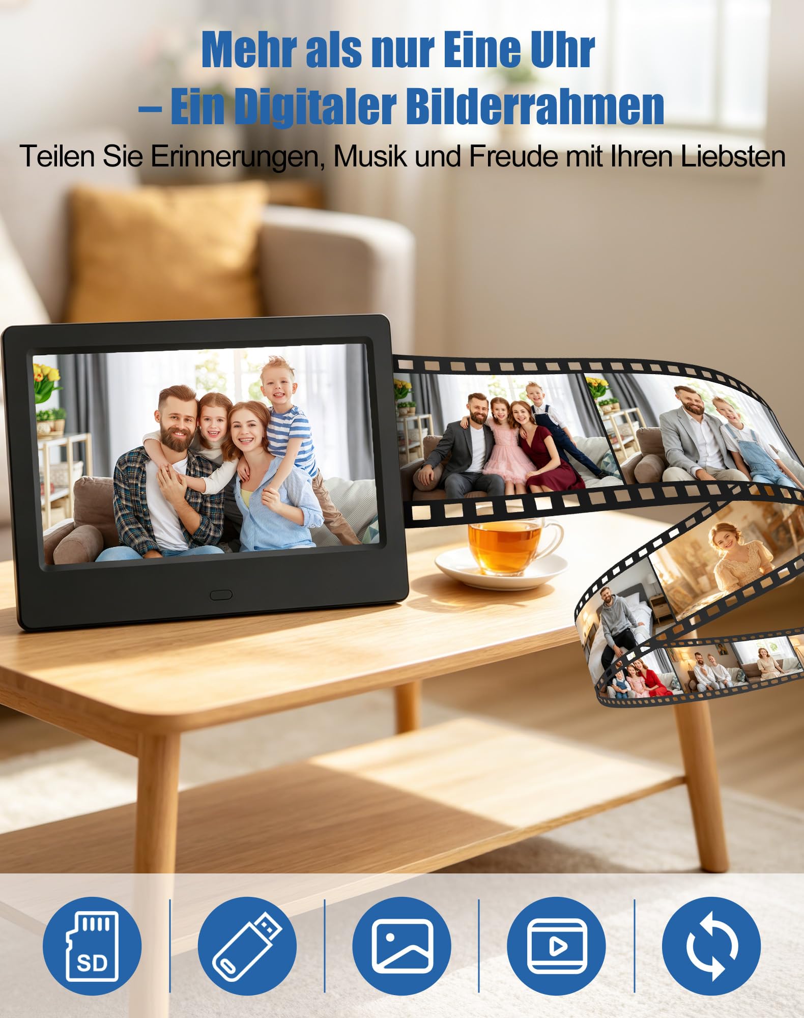 jely Digitaler Kalender mit Datum und Uhrzeit für Senioren, Wecker Digital 7 Zoll HD, 20 Erinnerungen, 24 Alarme, Fernbedienung, Digitaler Bilderrahmen, Tischuhr & Wanduhr – Schwarz