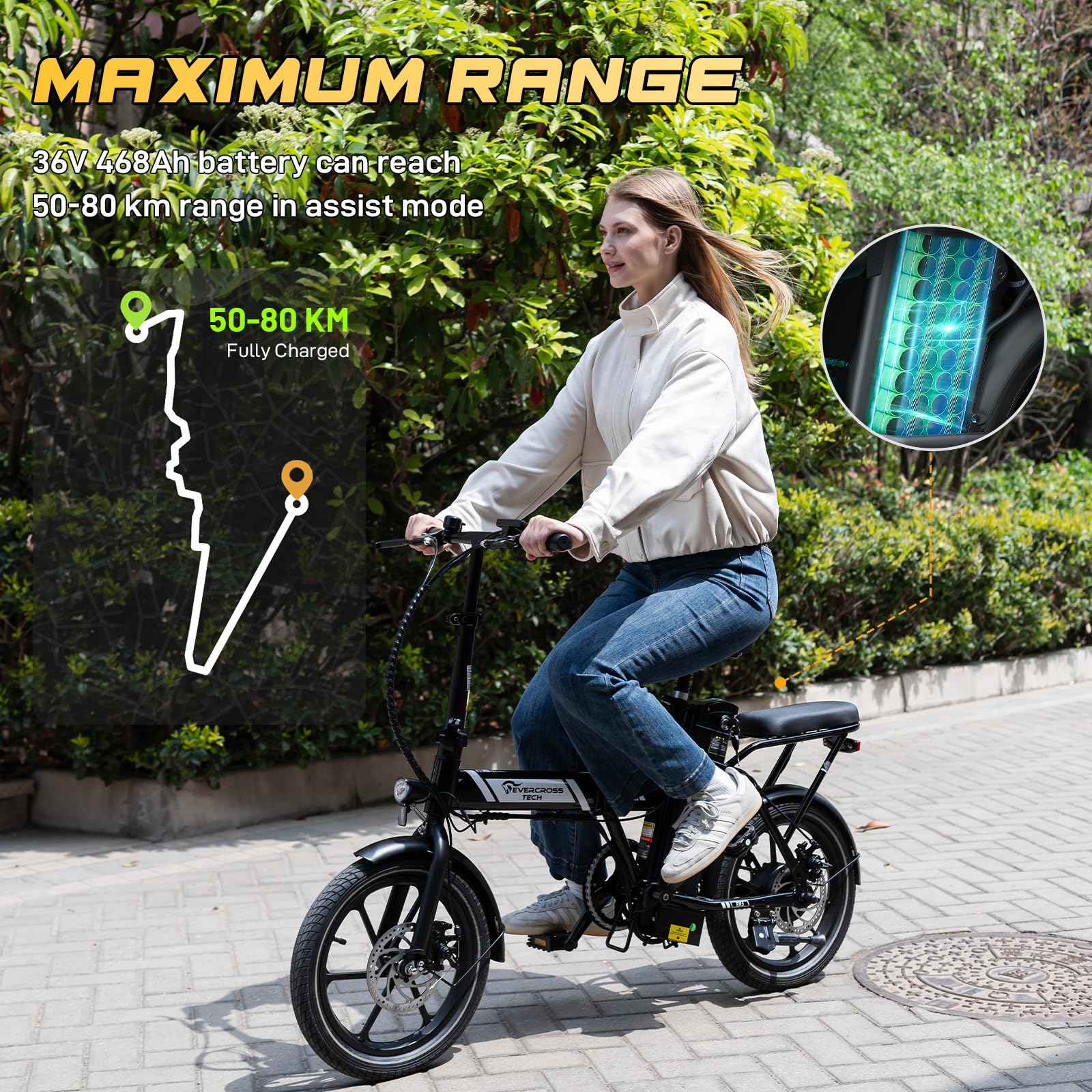 EVERCROSS Vélo Electrique pour Adultes, 16''/20" Vélo Electrique à Gros Pneus, 250W E Bike,Jusqu'à 25KM/H, 36V/48V Batterie Amovible, Vélo Tout-Terrain Electrique pour la Neige de Montagne