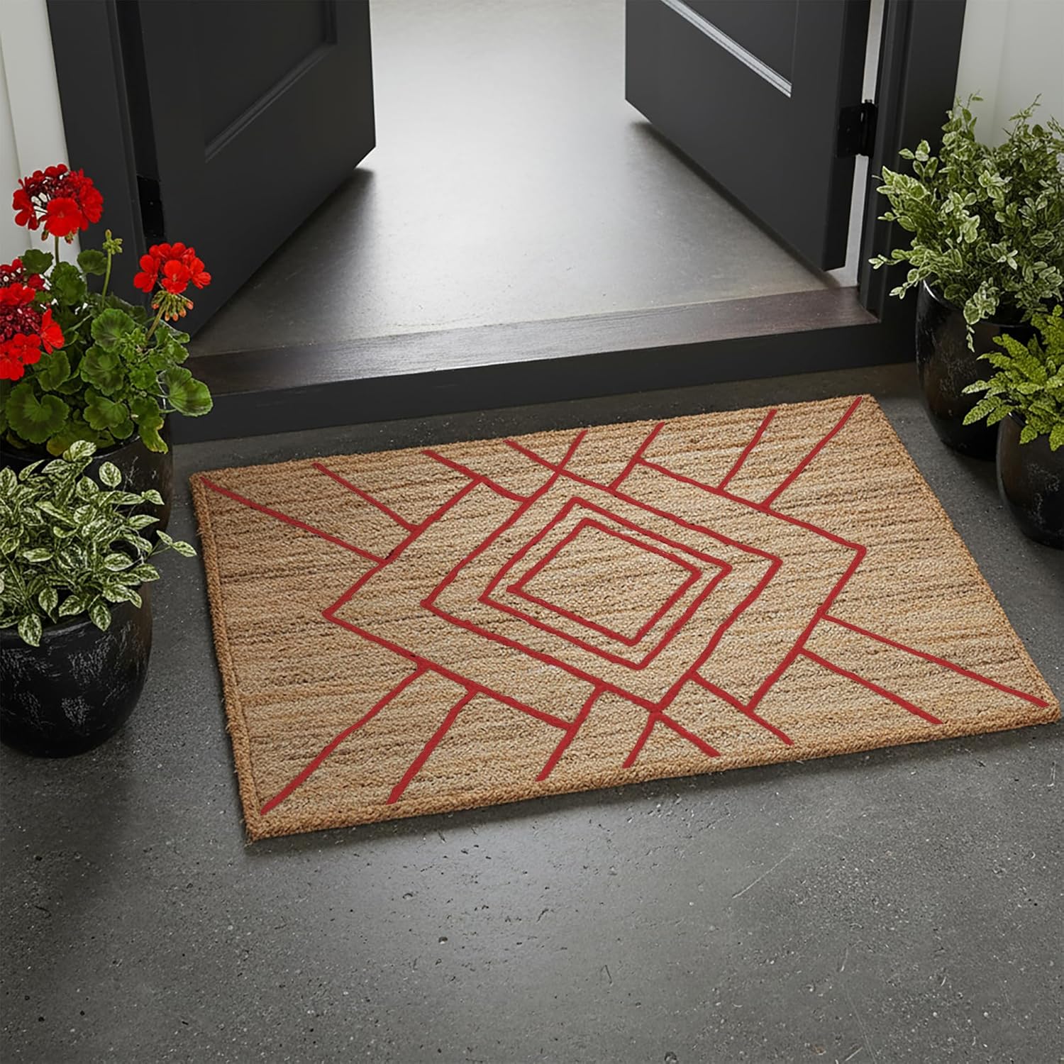 Hand Braided Jute 12x15 Kilim Flatweave Rug Thick 0.27" Red Geometric Diamond Pattern Rugs for Living Room Bedroom Dining Table Decorative Floor Home Decor Carpet