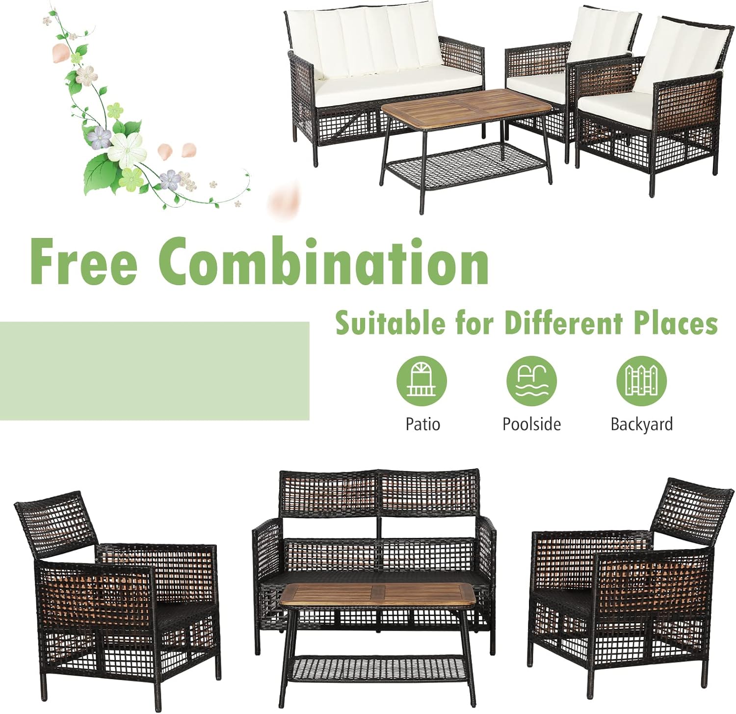 Tangkula 4 Pieces Patio Furniture Set, Outdoor PE Wicker Conversation Set with 2-Tier Coffee Table, Acacia Wood Tabletop & Extra Storage Shelf, Outdoor Furniture Sofa Set w/Cushions (1, Off White)