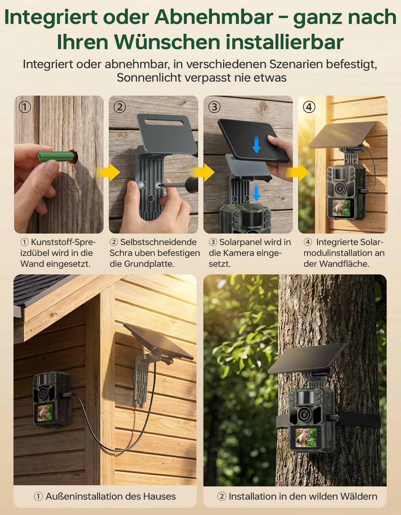 Wildkamera mit Handyübertragung App,Wildtierkamera 4K 64MP WLAN Solar mit Lithium-Batterie, Bewegungsmelder Nachtsicht, Inklusive 64GB SD Karte, 0,1s Auslösezeit, IP67 Wasserdicht
