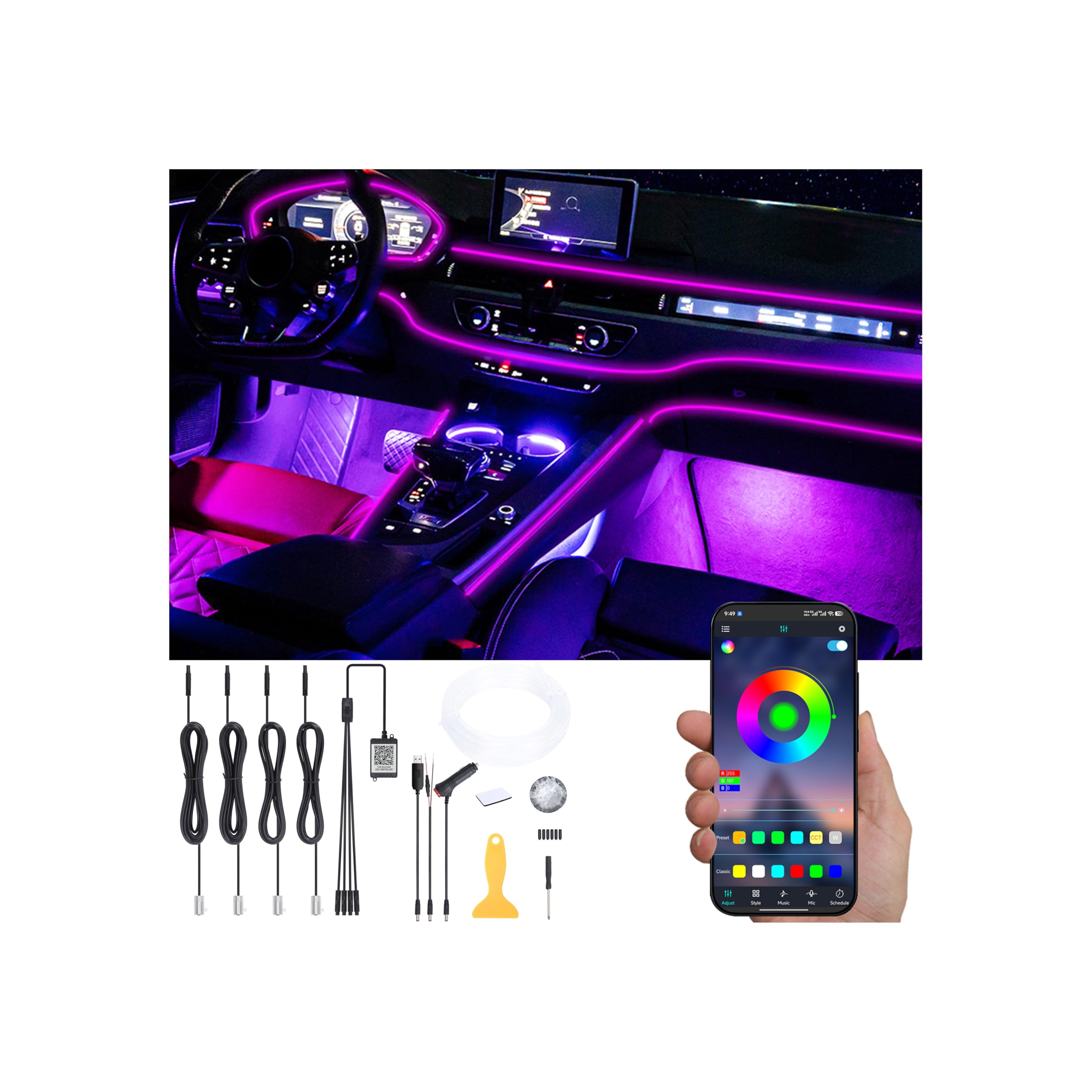 Auto illuminazione ambiente fibra ottica 64 colori musica suono attivo con APP controllo auto kit di illuminazione dell'atmosfera decorativa DC 12V 1W 4m