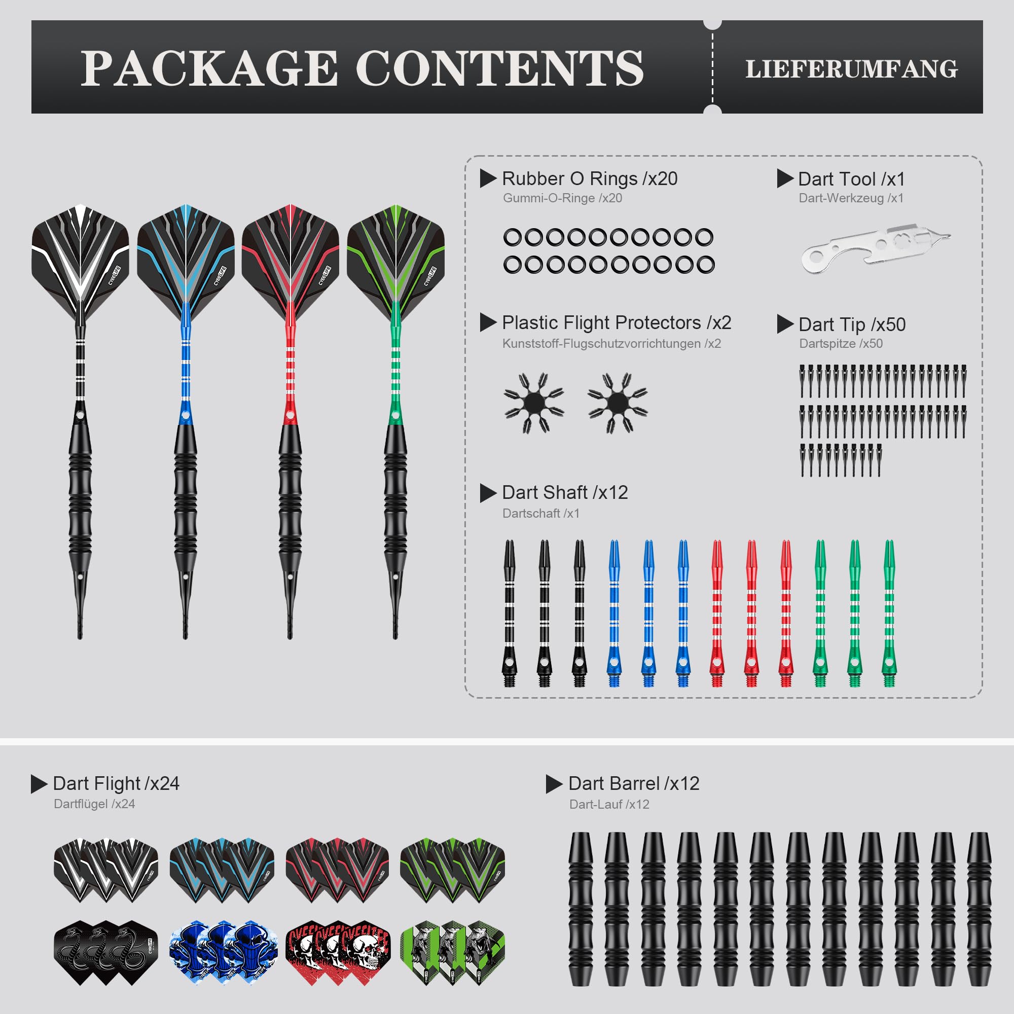 CyeeLife Flechette Pointe Plastique,Set de 12 Flechettes à Pointe Souple, 20 grammes Professionnelles Fléchettes Soft Darts pour Cible électronique