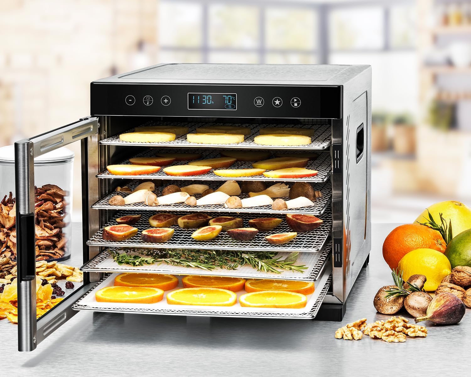 ROMMELSBACHER DA 950 Dehydrator with door open and trays loaded