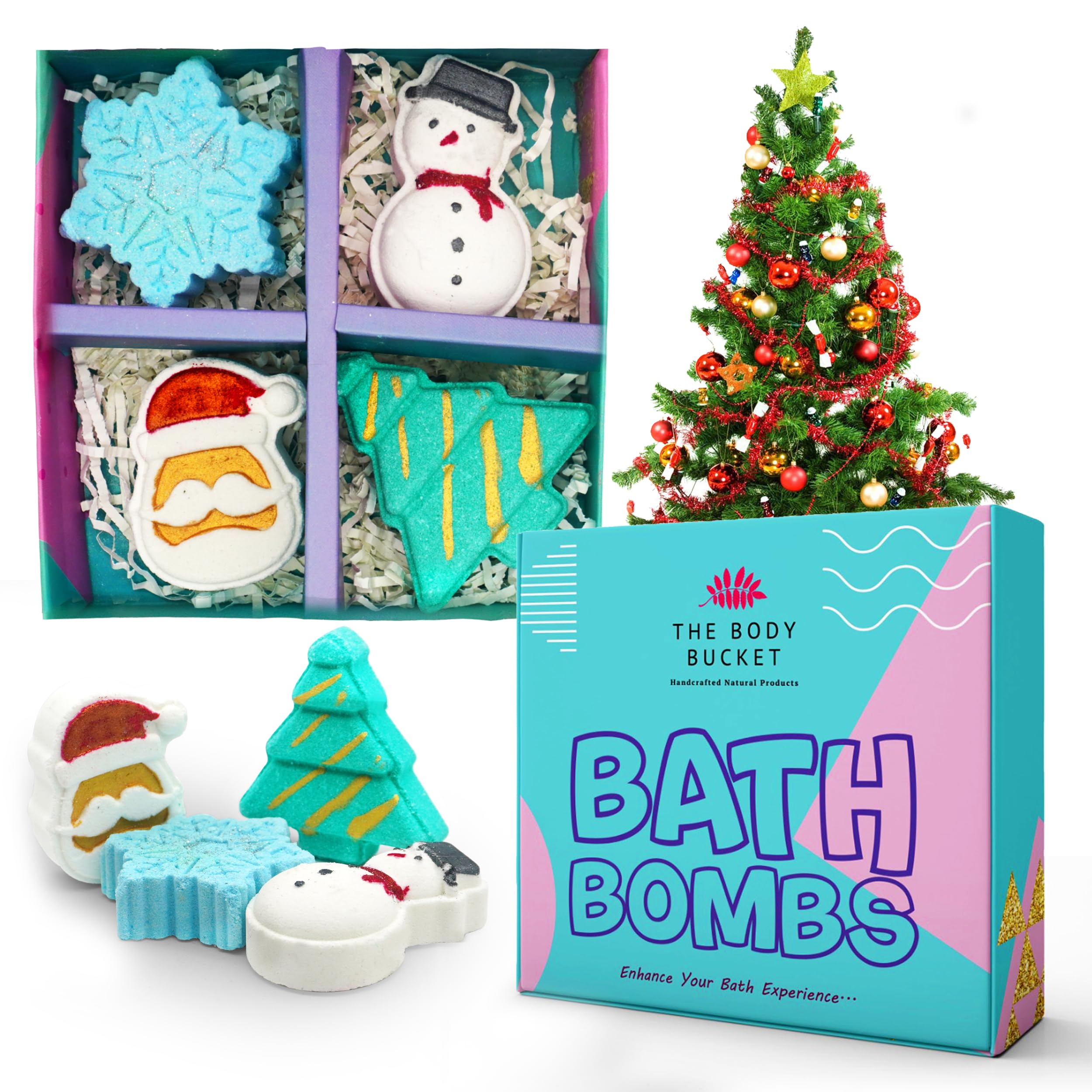 Christmas Aqua Fragrance Bath Bomb Set | Handcrafted Relaxing Bath Bombs | Holiday Bath Bomb Gift Box for Kids, Men & Women -65g Each (Pack of 4)