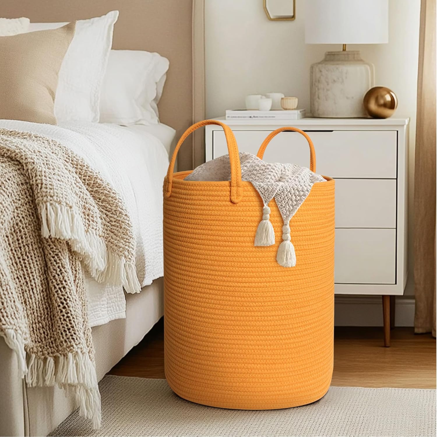 MEGASKET Large Orange Laundry Basket, 15"x18" Tall Blanket Storage Living Room, XL Cotton Rope Toy Bin for Organizing, Wicker Woven Baby Nursery Laundry Hamper with Handle, Orange Room Decor Aesthetic