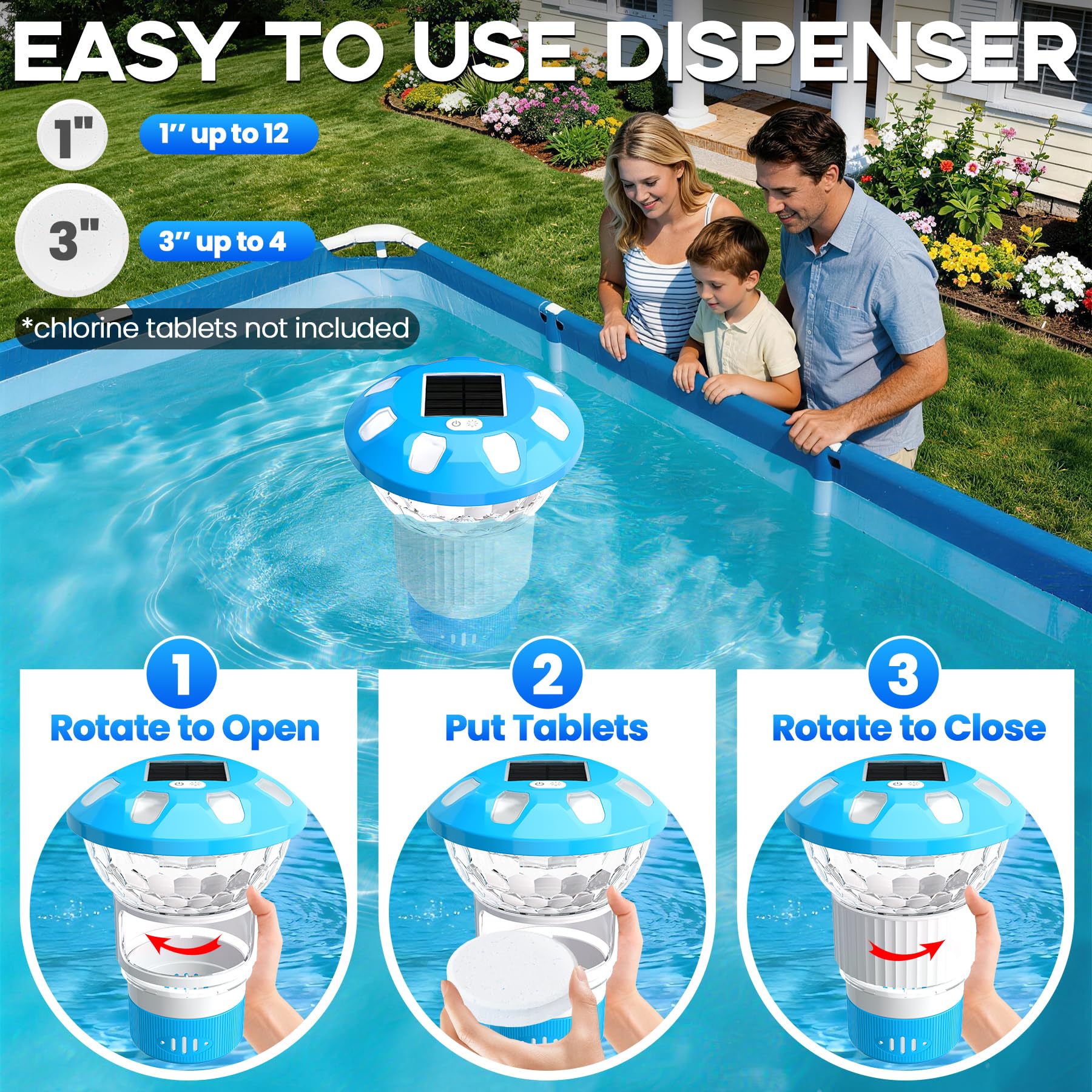 KingSom 2026 Diffuseur Chlore Piscine, Distributeur de Chlore Flottant avec Lumineux Solaire, Contrôle par Bouton Distributeur de Chlore pour Piscine Réglable, Doseur de Chlore,Flotteur Chlore Piscine