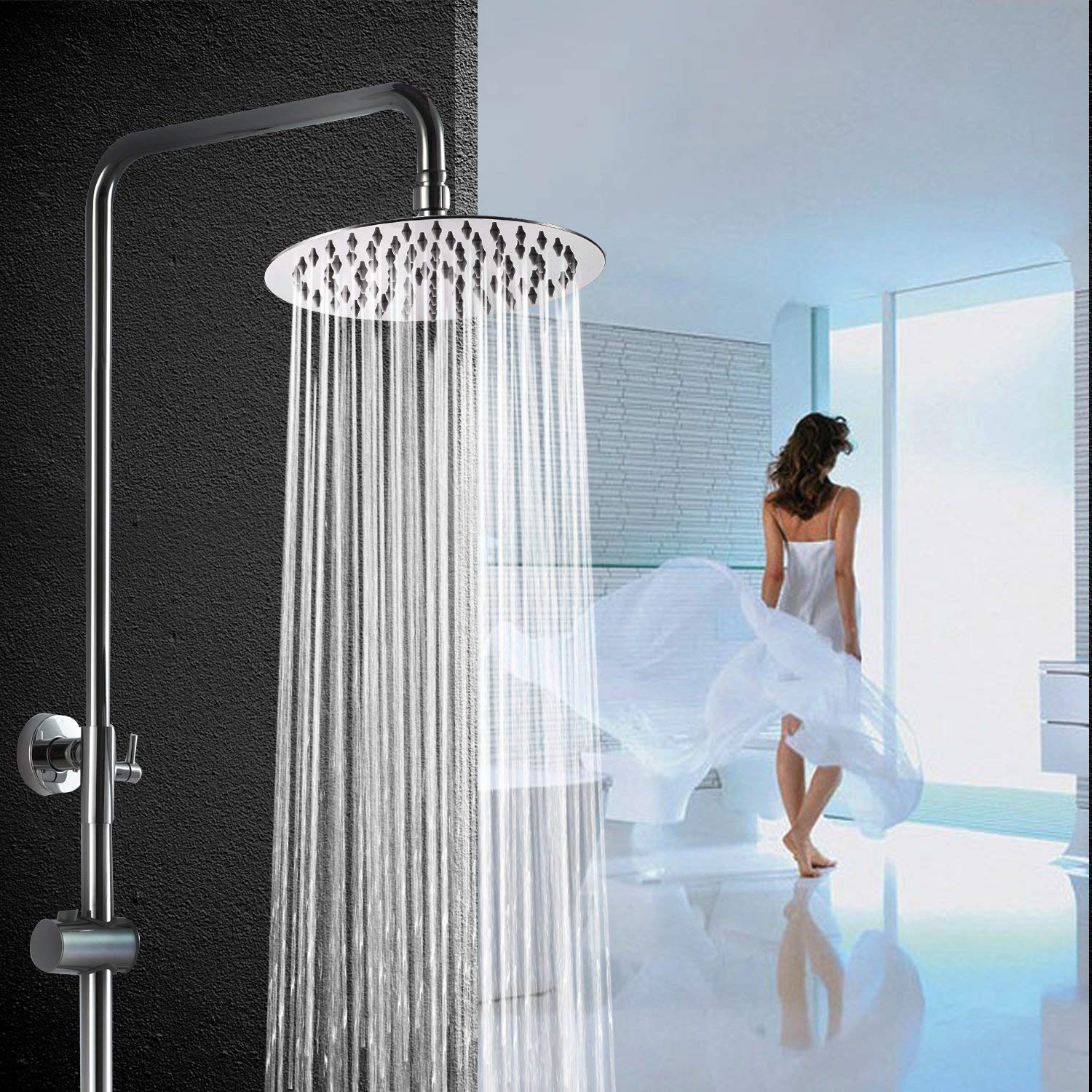 Doccia anticalcare in acciaio inox 316 soffione doccia rotondo ultra sottile alta pressione testa doccia regolabile a pioggia per il bagno, 12 pollici