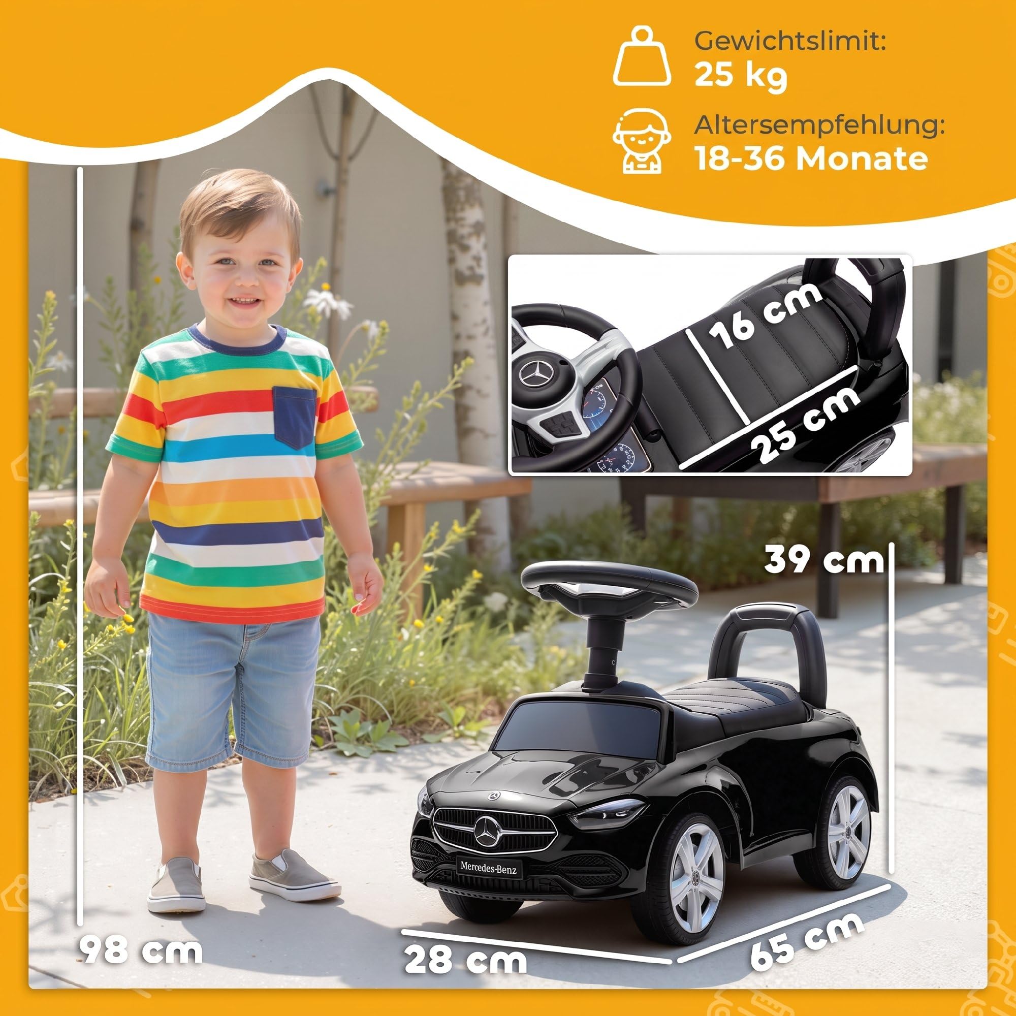 AIYAPLAY Mercedes-Benz C-Class auto jezdne dla dzieci 18-36 mies. Czarny
