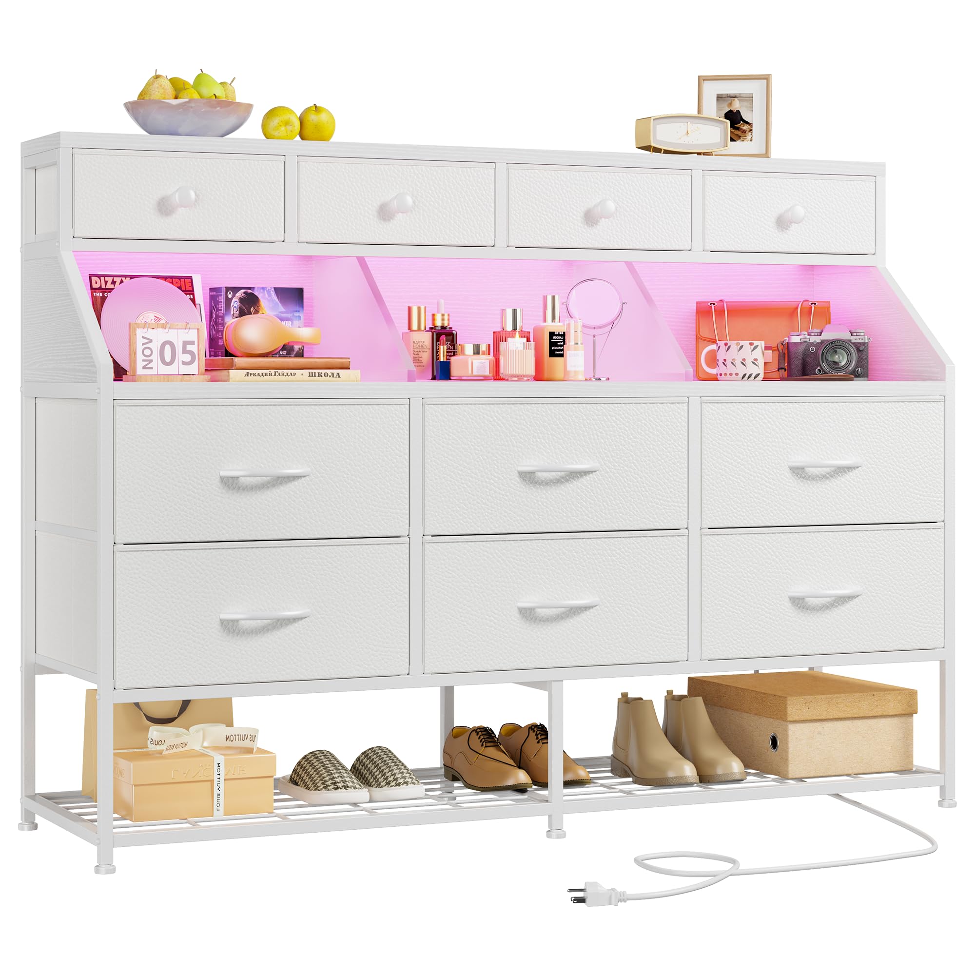 EnHomee Dresser for Bedroom with 10 Drawers & Shoe Rack Fabric Dressers & Chests of Drawers with LED Lights and Power Outlets Bedroom Dresser for