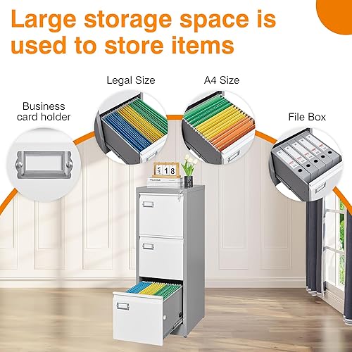 Miniatura 5 de Armario de almacenamiento vertical de metal, archivador de 3 cajones con cerradura, archivadores verticales de 18 pulgadas de profundidad para