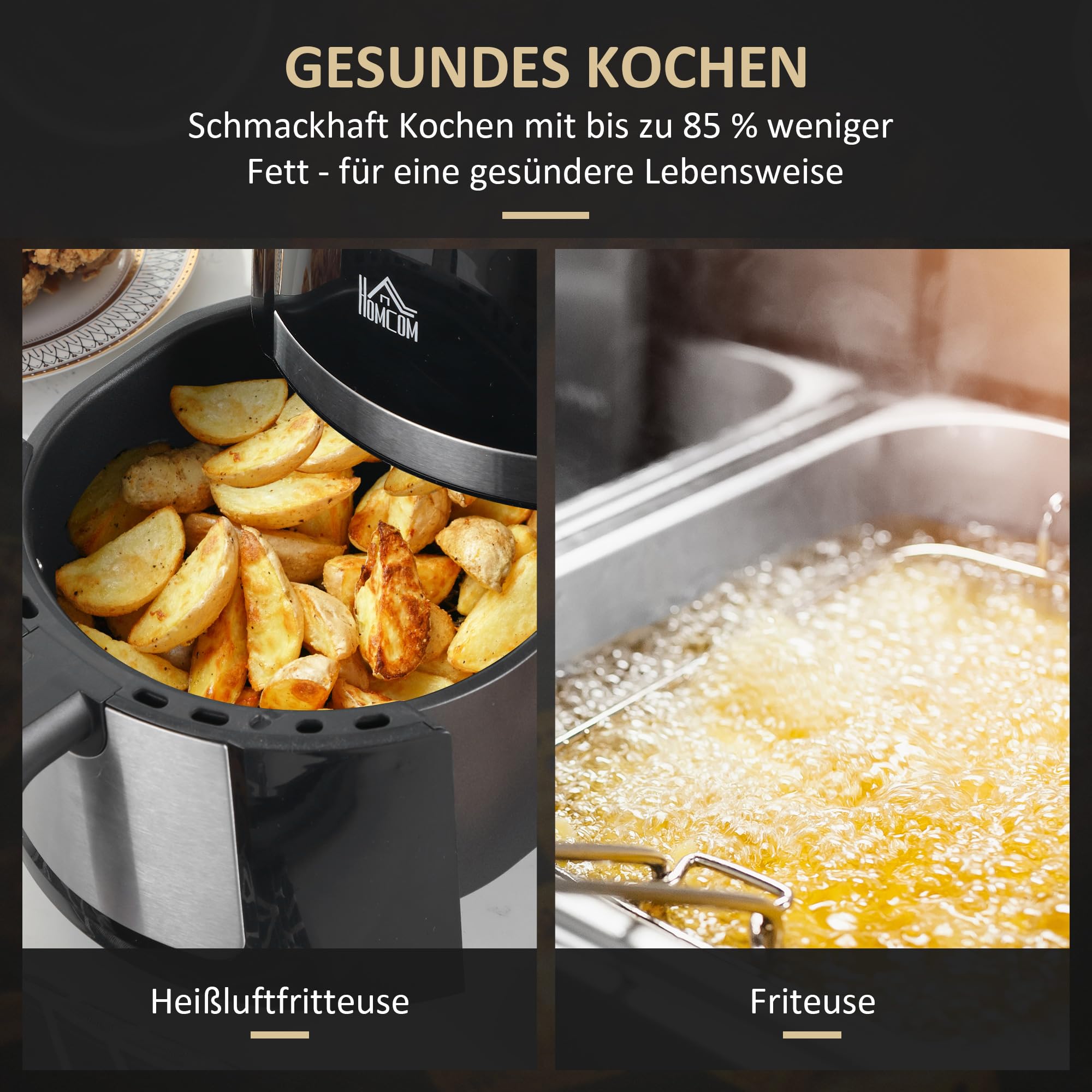 HOMCOM Frytkownica na gorące powietrze, 4 l, 1300 W, 12 programów, timer 60 min, kosz z powłoką zapobiegającą przywieraniu, zabezpieczenie przed przegrzaniem, wyświetlacz LED Touch, frytkownica bez