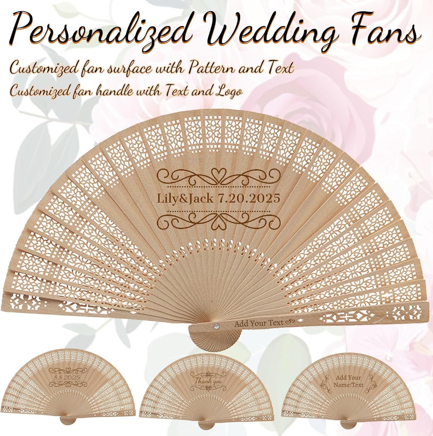 Personalized Wedding Fans for Guests Custom Wooden Folding Handheld Fans Bulk with Organza Bags Tassels for Wedding Graduation Party (50)
