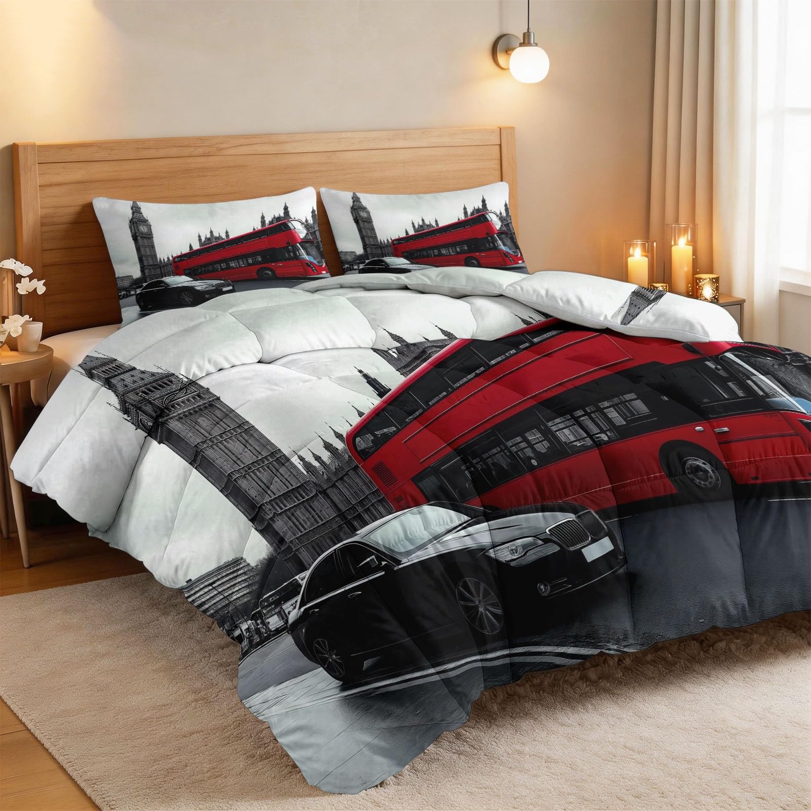 Edredón de autobús de dos pisos para todo el año, 200 x 200 cm, retro, transpirable, para las 4 estaciones, para alérgicos, lavable y suave, con 2 fundas de almohada de 80 x 80 cm