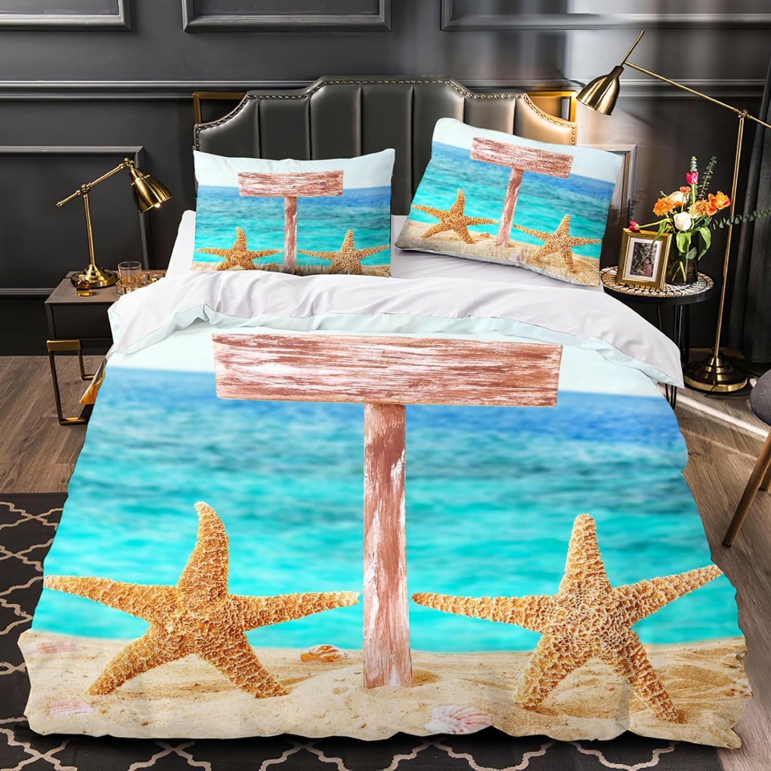 Plaża super king zestaw pościeli z nadrukiem 3D rozgwiazda miękka szczotkowana mikrofibra poszewka na kołdrę 260 x 220 cm z zamkiem błyskawicznym dla nastolatków i dorosłych z 2 poszewkami na poduszki