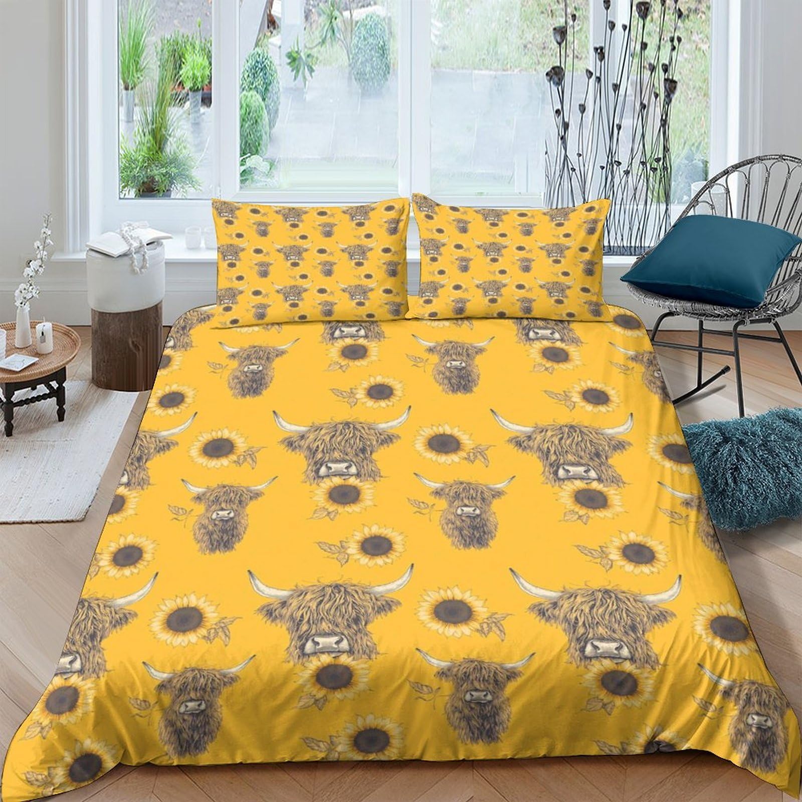 Ctjqhvkz Style-3 3D Printed Highland Cattle Yellow Fitted Sheet Microfiber Modern Bull Art Mattress Cover Bedroom Dorm Decor Easy Care Single（135X200cm）