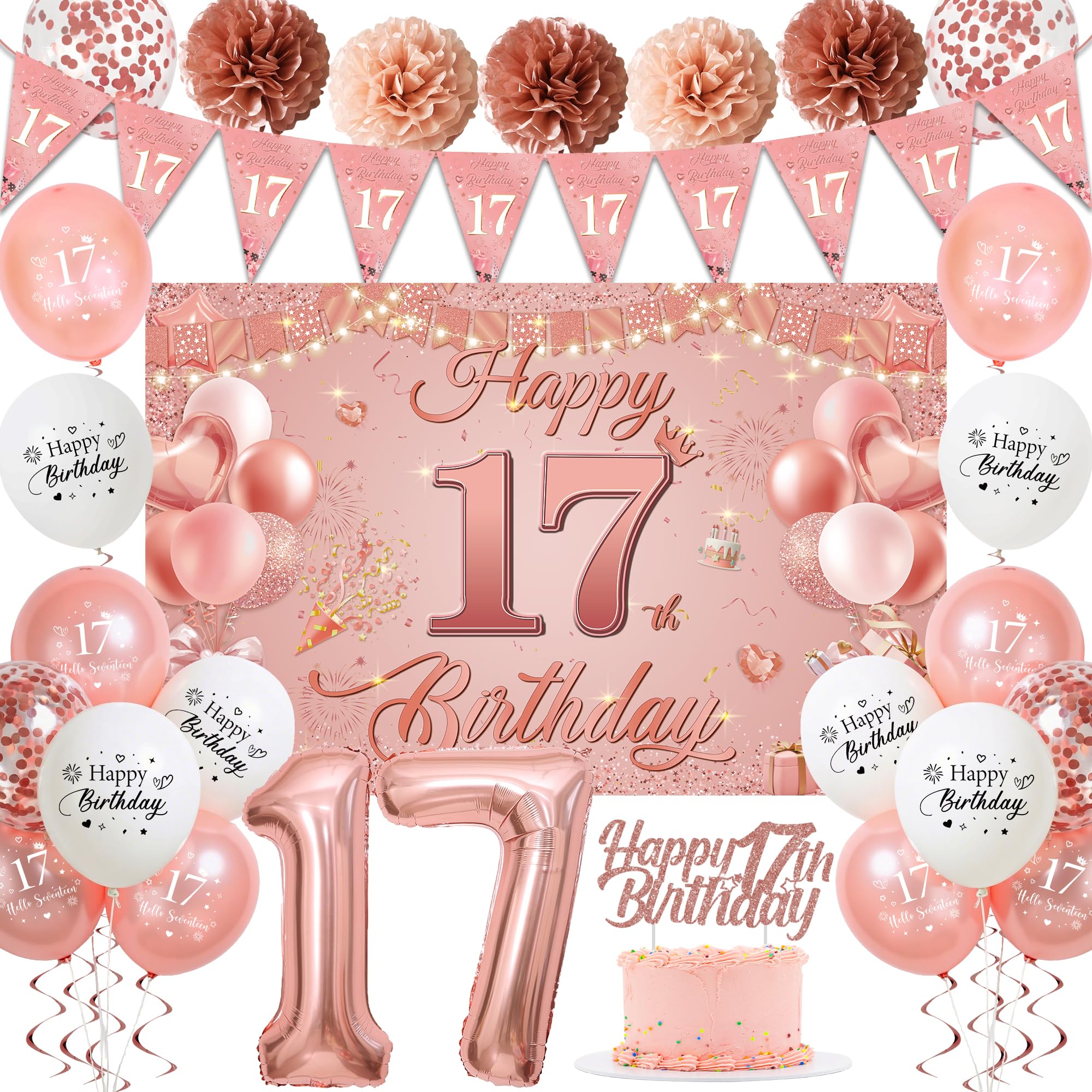 Sroeeshee 17th Birthday Decorations for Girls - Pink Rose Gold 44Pcs 17th Bday Balloon Backdrop Set with Pennant Banner Number 18 Balloons, Photo Backdrop Pom Poms Cake Topper for 17 Year Old Party