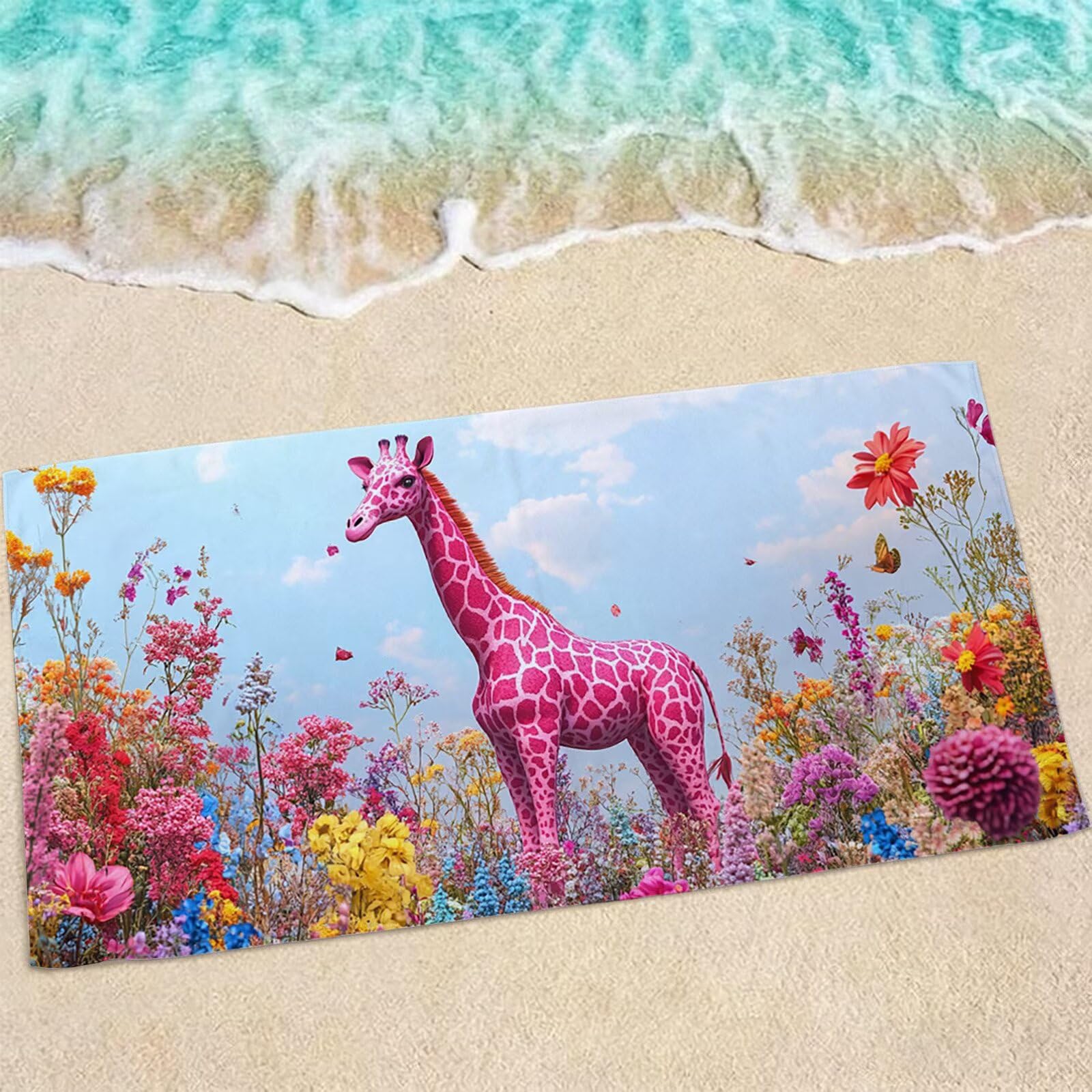 Serviettes de plage microfibres XL 200x100 cm motif girafe bleu