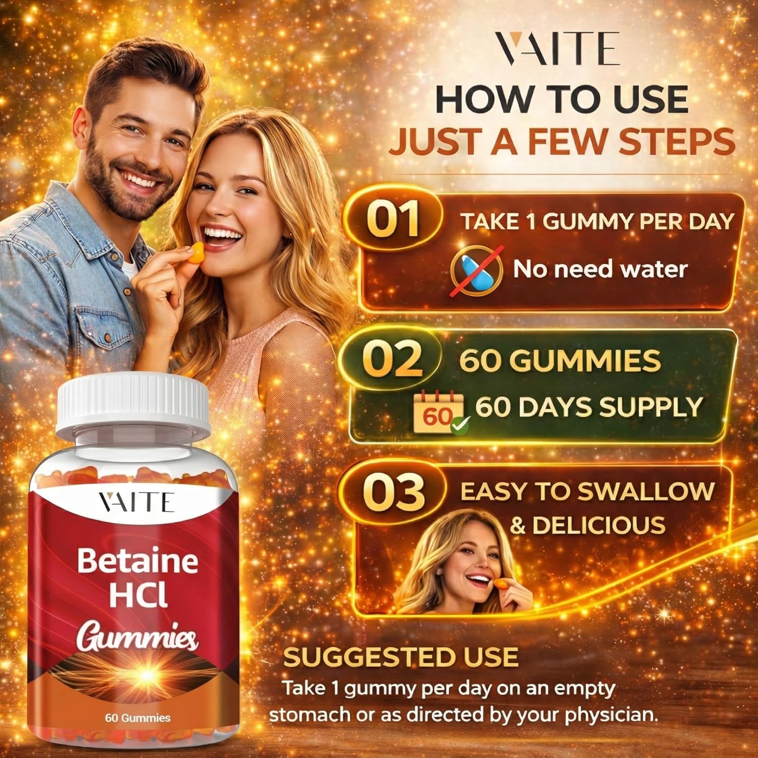VAITE Betaine HCL Supplement 1000 mg Gummies – Digestive Support – Supports Digestion & Nutrient Breakdown – Non-GMO, Vegan, Gluten-Free – for Adults Seeking Daily Digestive Support – 60 Gummies