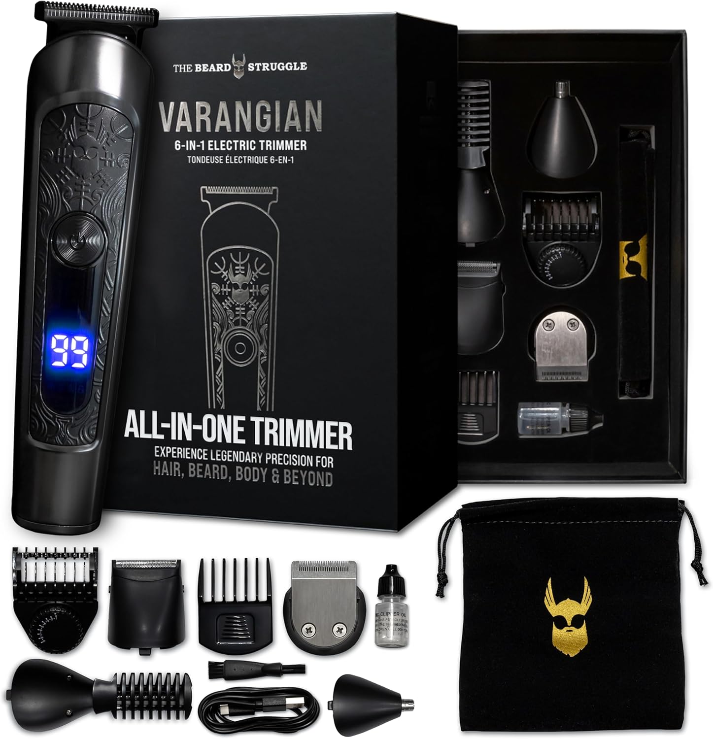 The Beard Struggle Varangian Beard Trimmer® 6-in-1 for Hair, Beard, Body & Beyond, Titanium Blade, 17 Length Adjustable Blade with Digital LED Display, Cordless Clipper