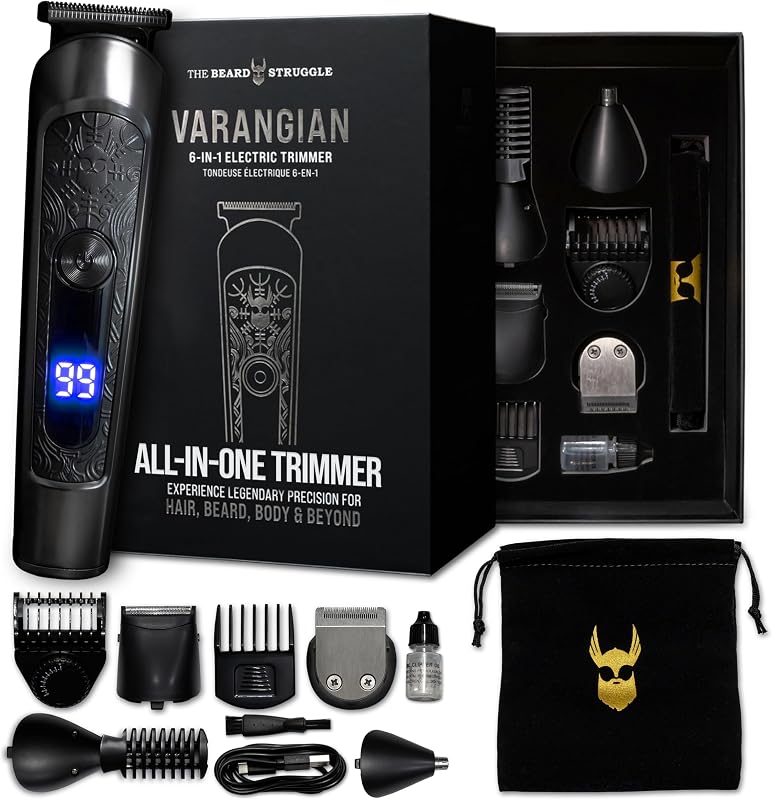 The Beard Struggle Varangian Beard Trimmer® 6-in-1 for Hair, Beard, Body & Beyond, Titanium Blade, 17 Length Adjustable Blade with Digital LED Display, Cordless Clipper