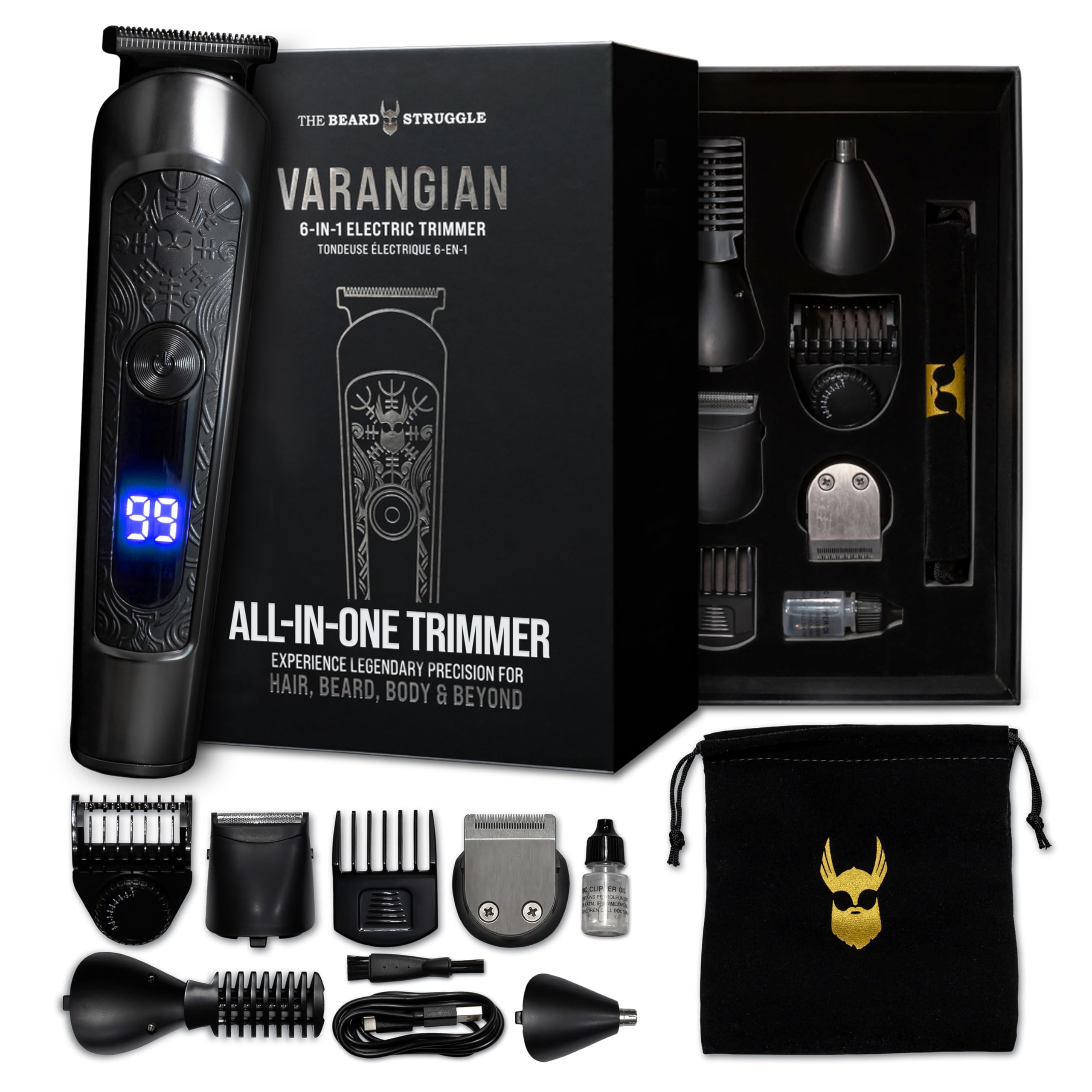 The Beard Struggle Varangian Beard Trimmer® 6-in-1 for Hair, Beard, Body & Beyond, Titanium Blade, 17 Length Adjustable Blade with Digital LED Display