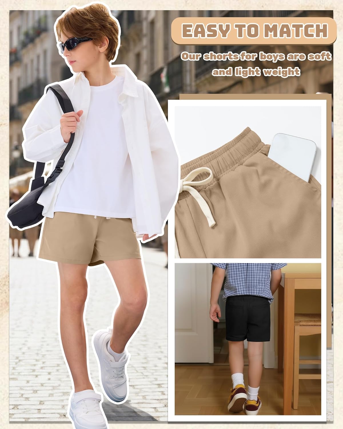3 Pack Boys Uniform Shorts Performance School Wear Casual Loose Pull on Summer Elastic Waisted Shorts with Pocket