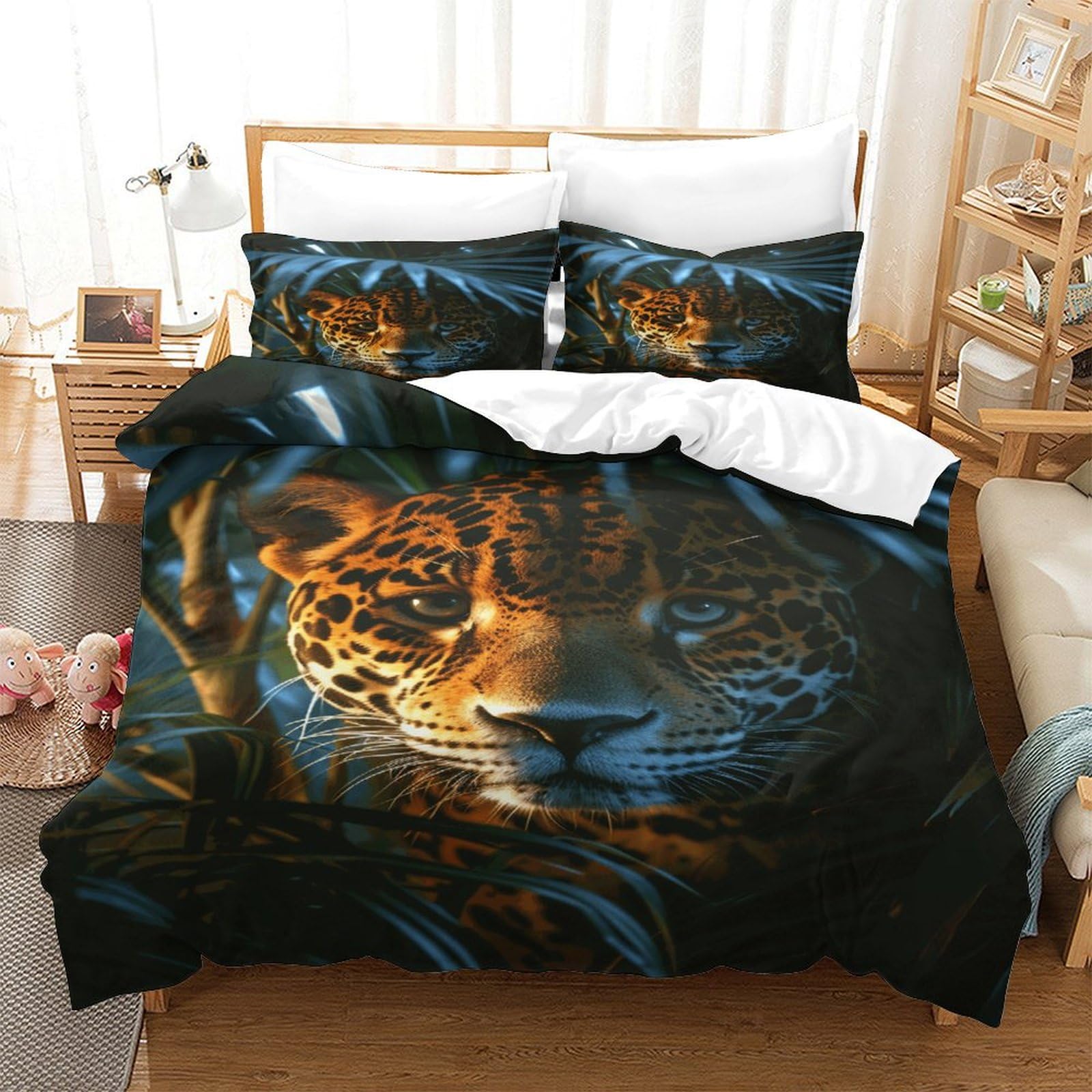 P1s9u7w5y Jaguar-5 Vivid Tiger 3D Printing 3Pcs Microfiber Duvet Cover Set Wild Cat Bedding Set King（220X240cm）