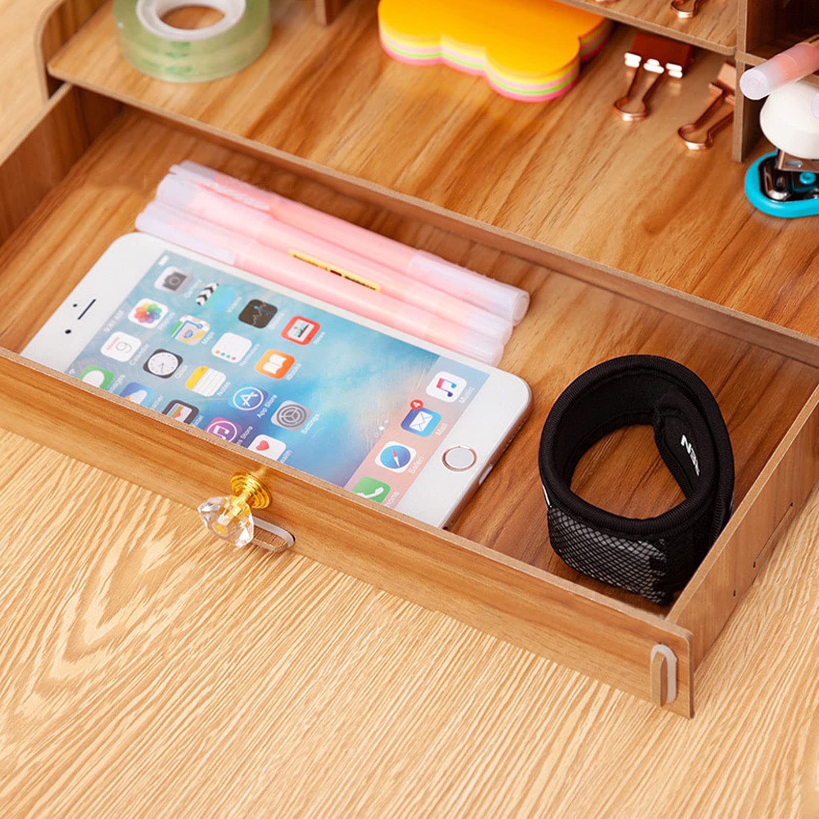 Portapenne Multifunzionale Portaoggetti da Tavolo Fisso con Cassetto, Multifunzionale Grande Organizer con Cassetto per Cancelleria, Ufficio, Casa e Scuola,Oak
