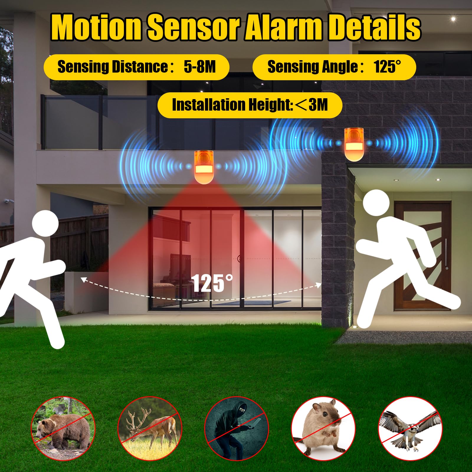 Qualirey Paquete de 4 sensores solares de sonido y luz, alarma de movimiento para exteriores, detector de movimiento solar, sirena disuasoria de animales, advertencia estroboscópica, luz roja, ruidosa