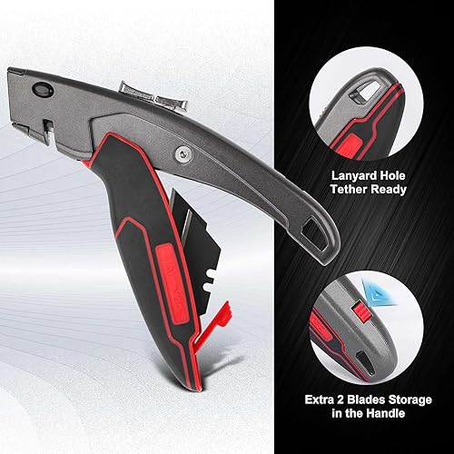 Miniatura 5 de HAUTMEC Cuchillo utilitario resistente con mecanismo de corte doble corte de seguridad auto-retráctil + precisión de 3 posiciones de profundidad de