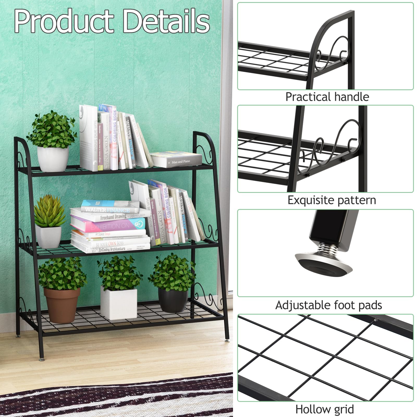 Support pour plantes d'extérieur 3 niveaux en fer noir