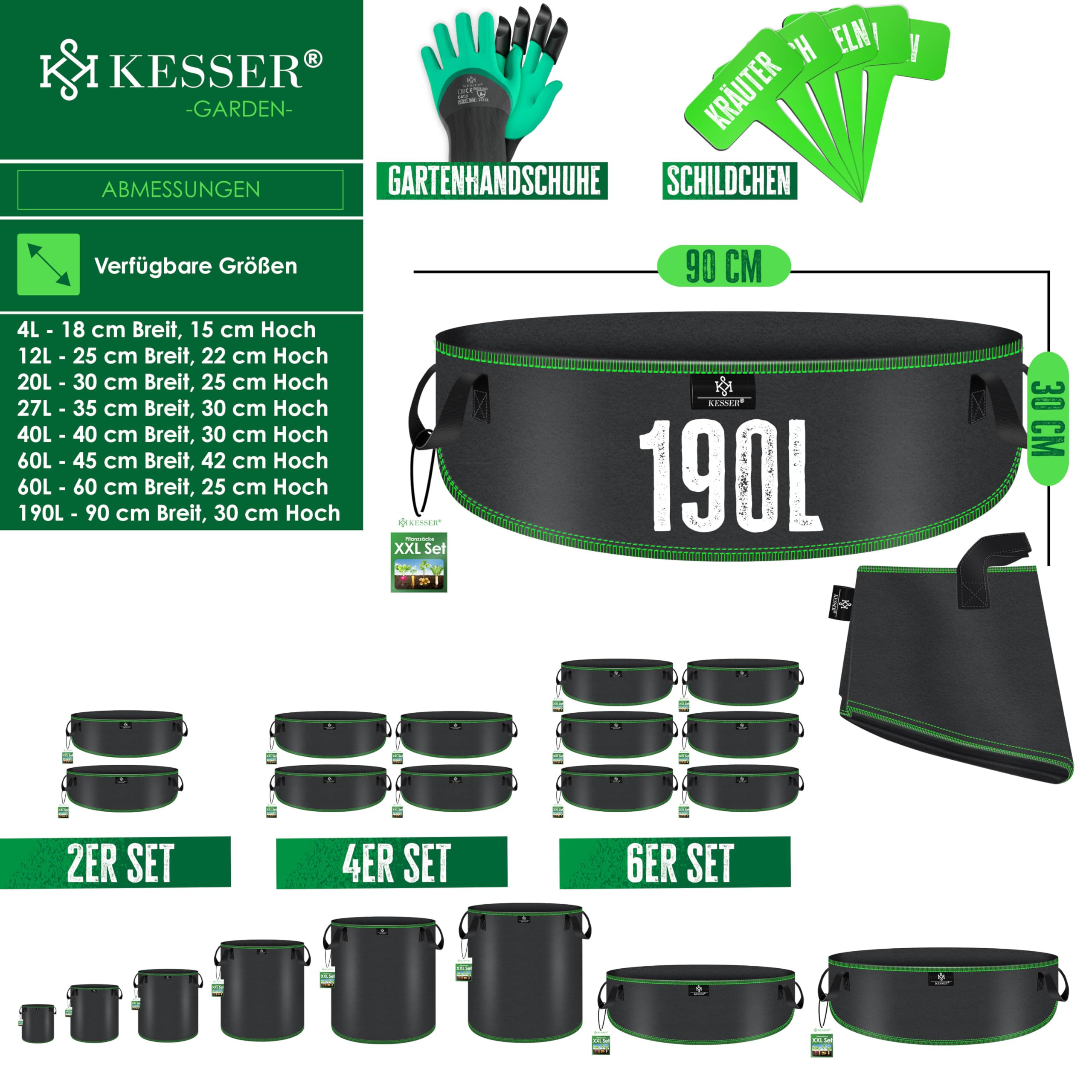 KESSER® Bolsa de Plantación 190 litros - 4er Set | Bolsas de Plantación de Tela no Tejida Incl. Etiqueta y Guantes de Jardín | Bolsa de Plantación de Patatas con Ventana y Asas - Negro