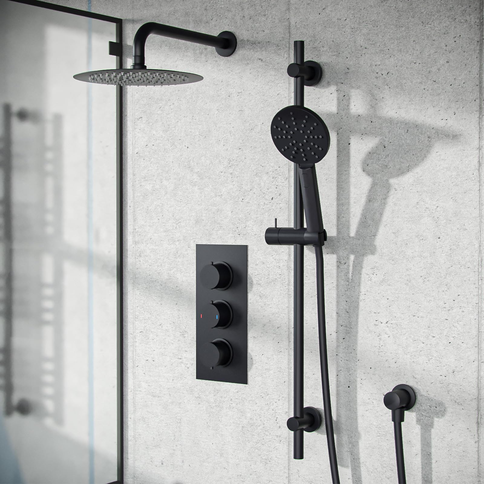 Nes Home Black Overhead Rainfall Shower Matt Thermostatic Mixer Valve And Handheld |Temel