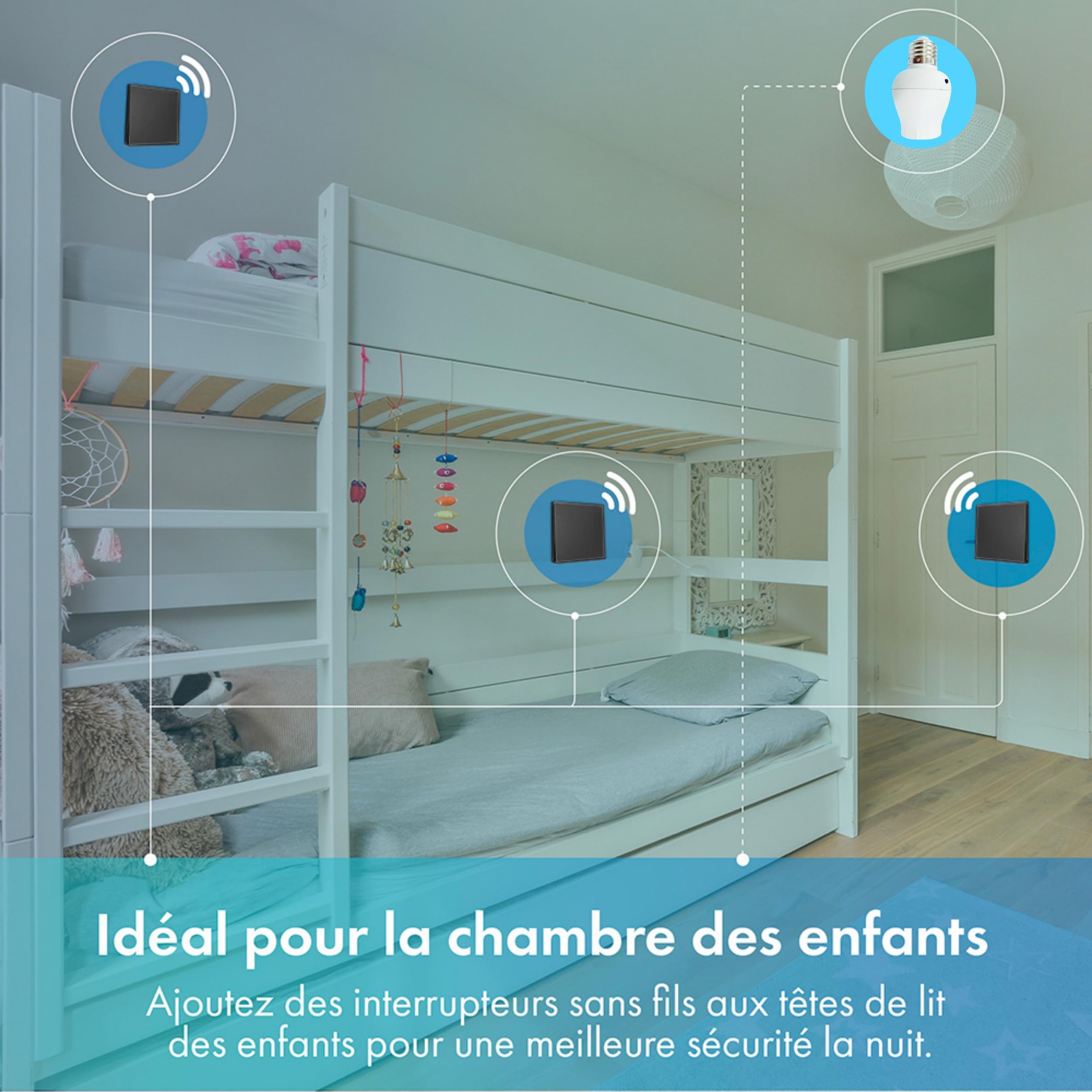 Interrupteur sans fil et sans pile Auto alimenté Noir - Écologique - Qualité Pro - Va et vient RF - KIT 5 télécommande mural + 1 Douille à vis E27 Adaptateur Radio - Longue Distance - 200 m